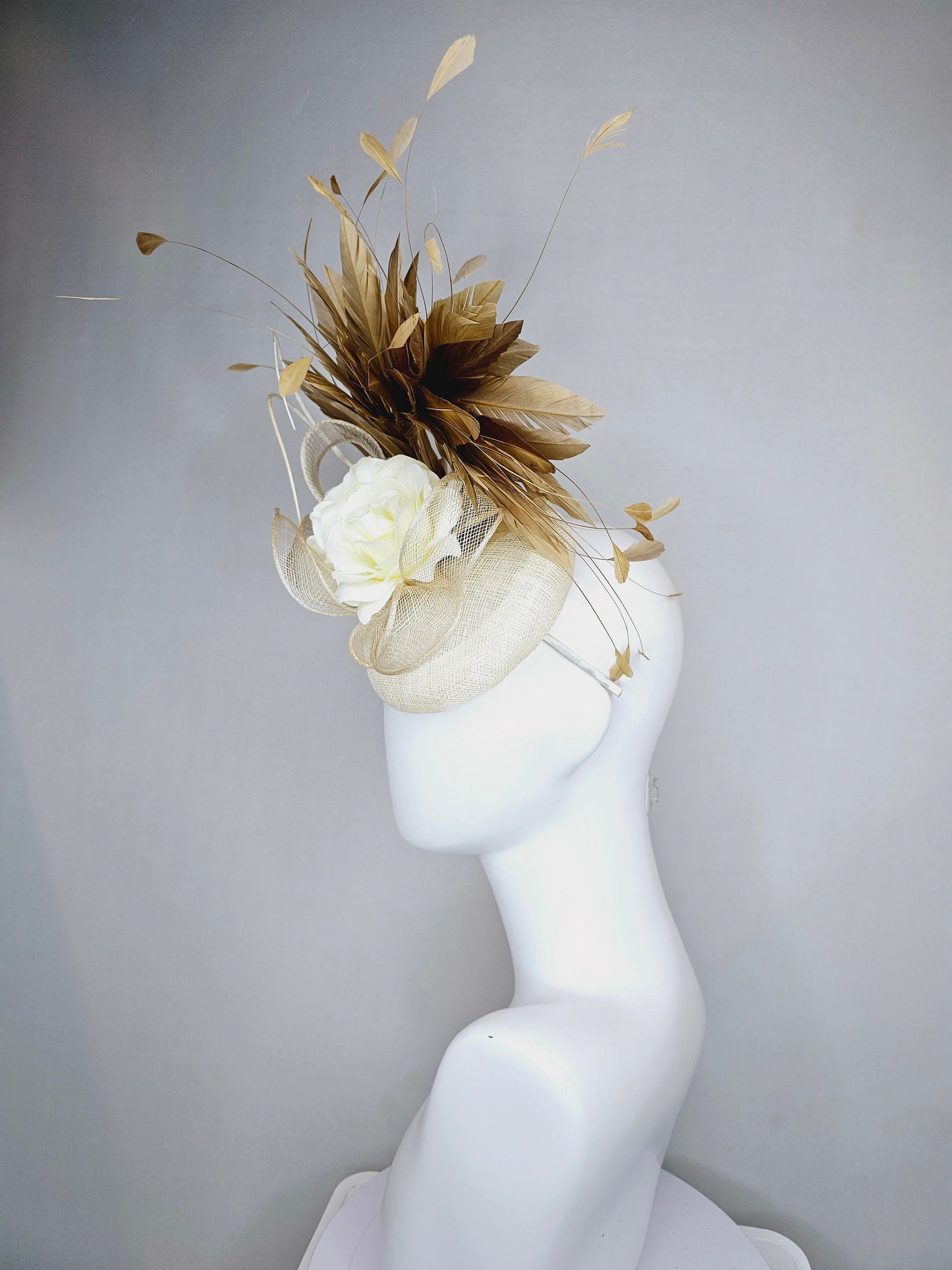 kentucky derby hat fascinator ivory beige sinamay with ivory blush flower and curls with gold taupe feathers