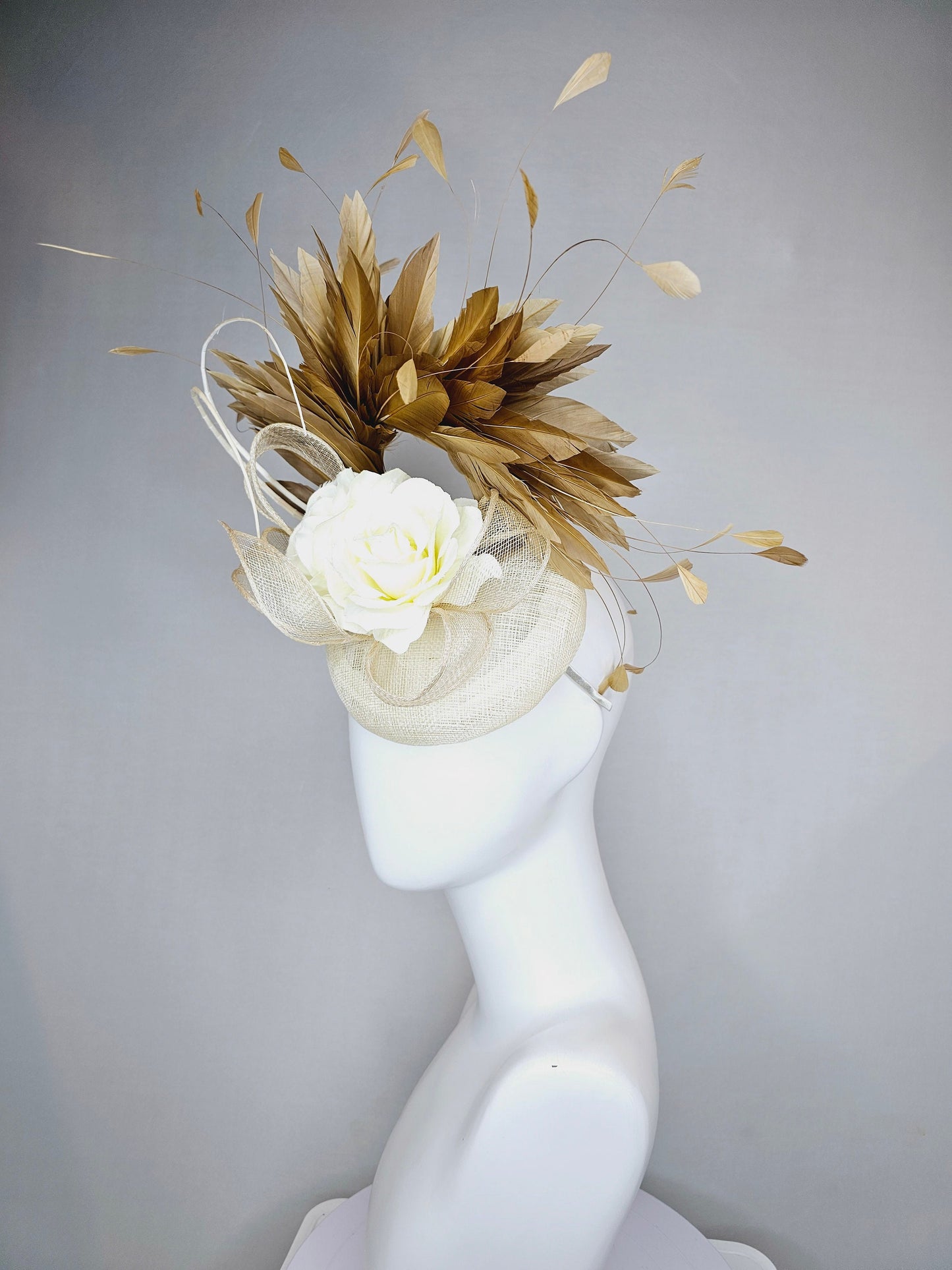 kentucky derby hat fascinator ivory beige sinamay with ivory blush flower and curls with gold taupe feathers