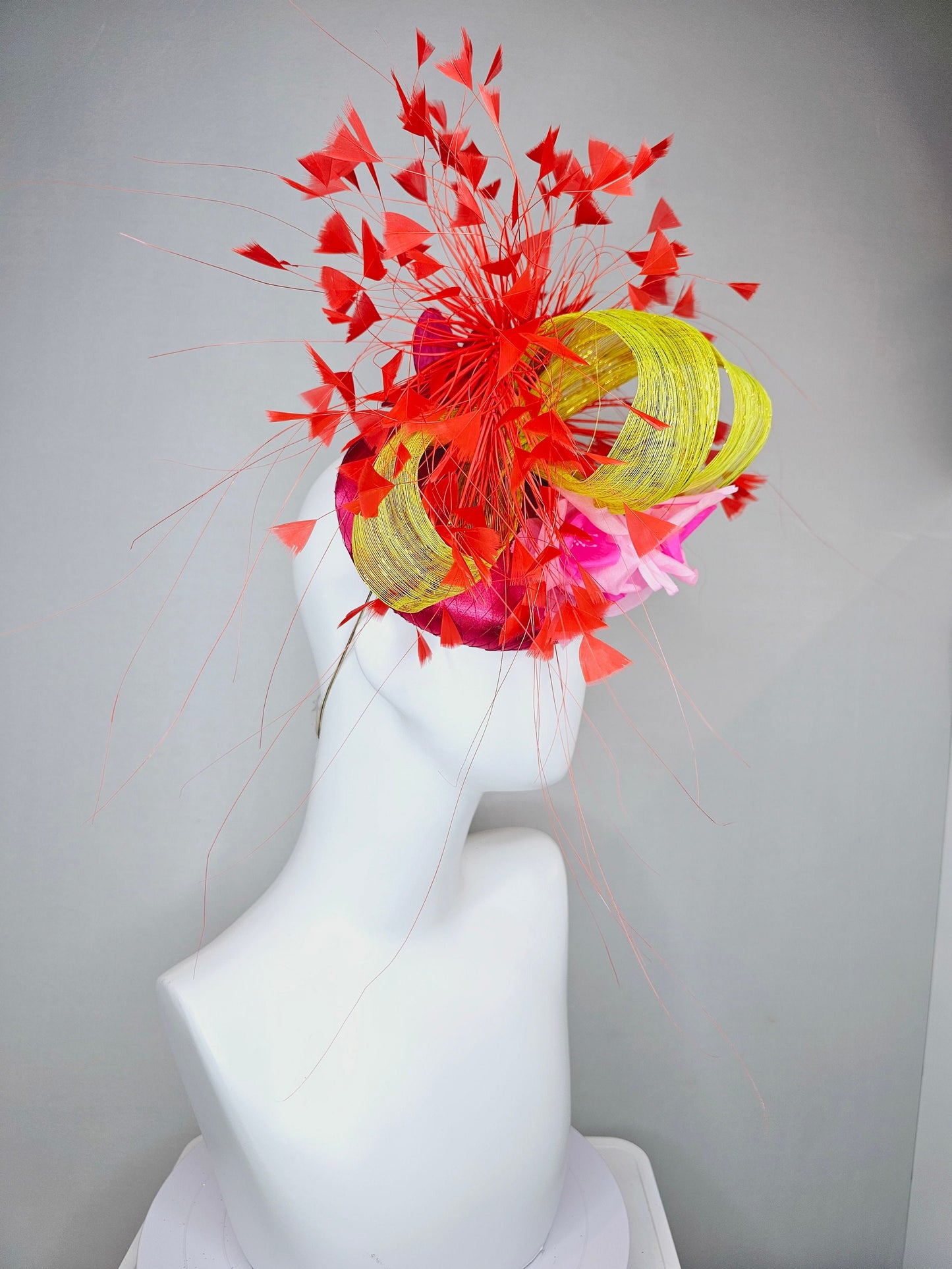 kentucky derby hat fascinator pink satin with bright red feathers ombre pink silk flowers and yellow gold metallic silk