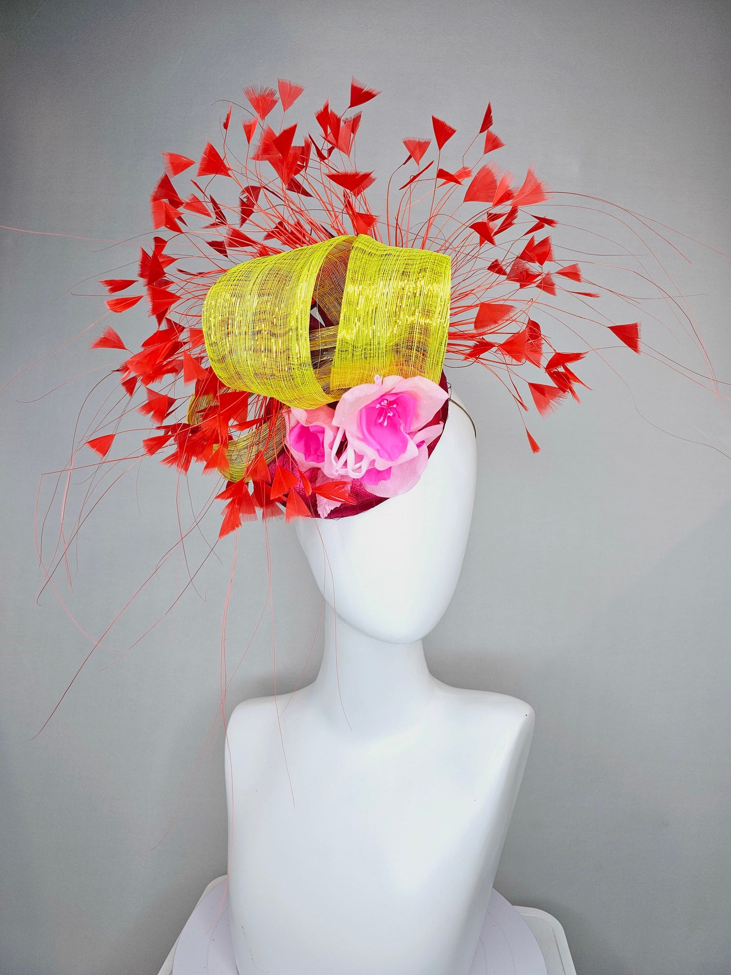 kentucky derby hat fascinator pink satin with bright red feathers ombre pink silk flowers and yellow gold metallic silk