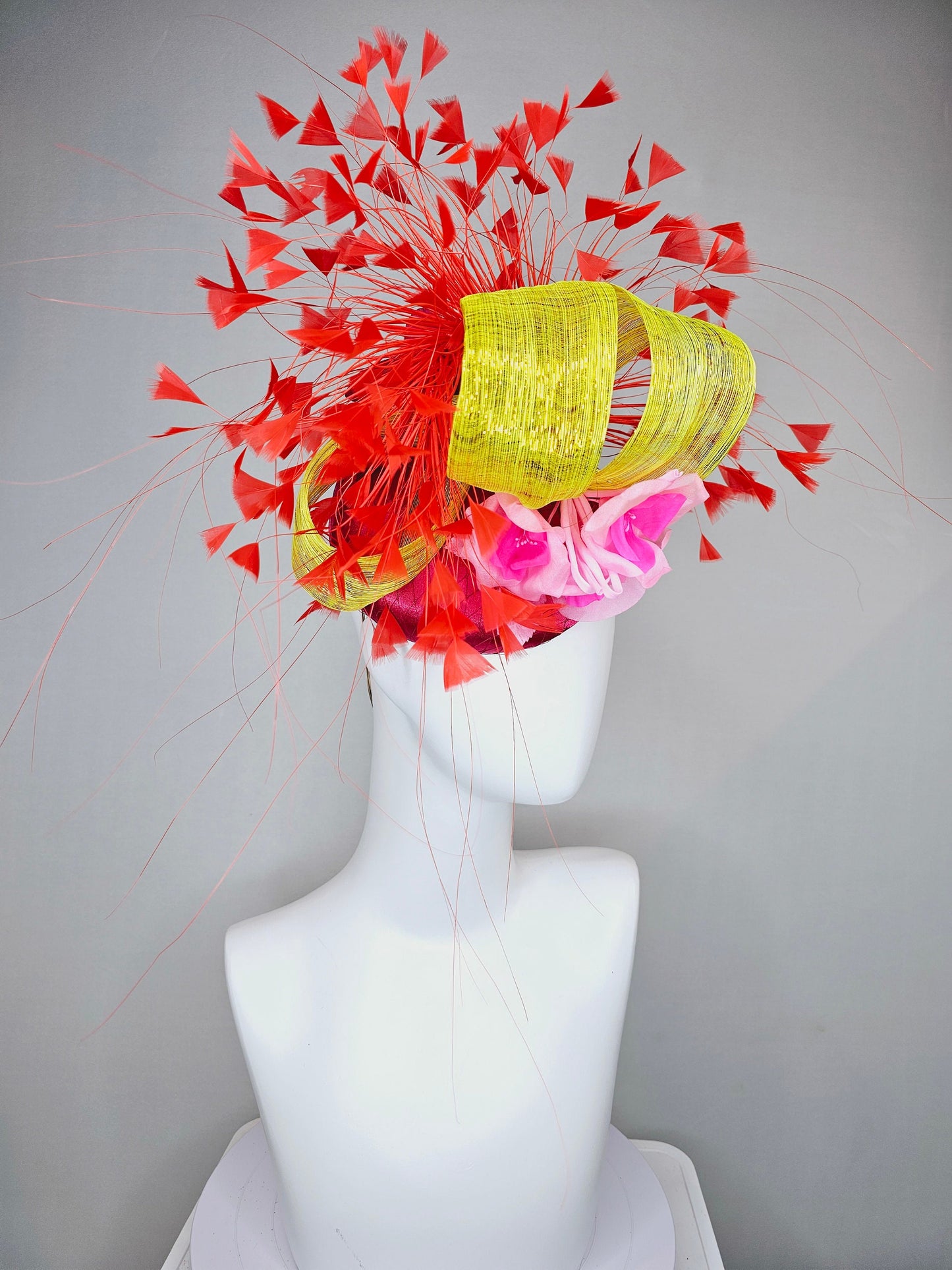 kentucky derby hat fascinator pink satin with bright red feathers ombre pink silk flowers and yellow gold metallic silk