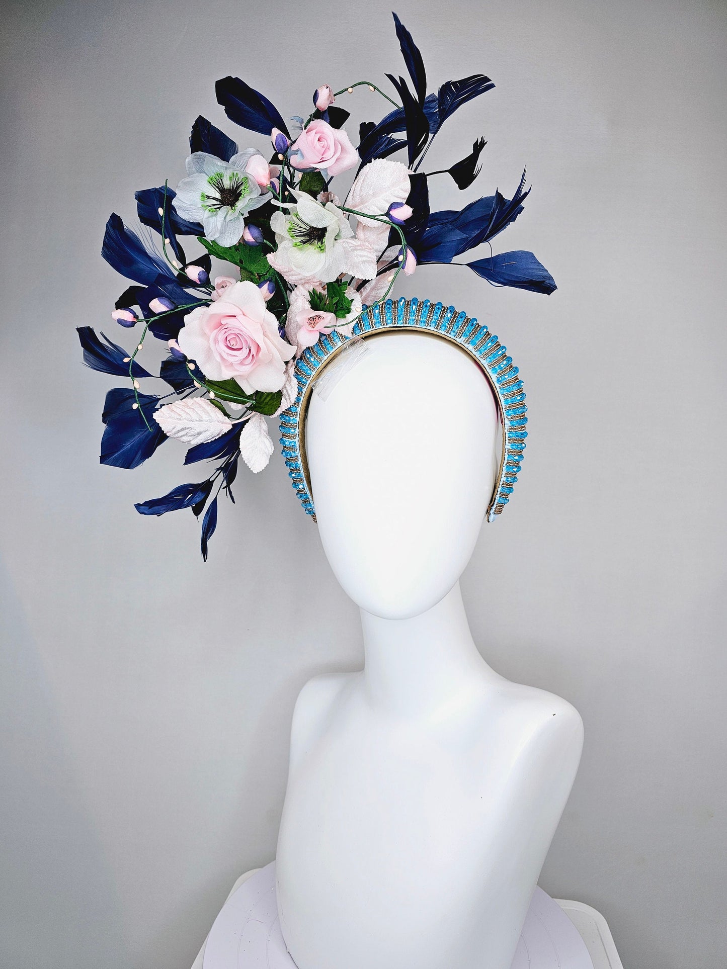 kentucky derby hat fascinator turquoise blue crystal rhinestone headband light pink roses and white flowers with navy blue feathers