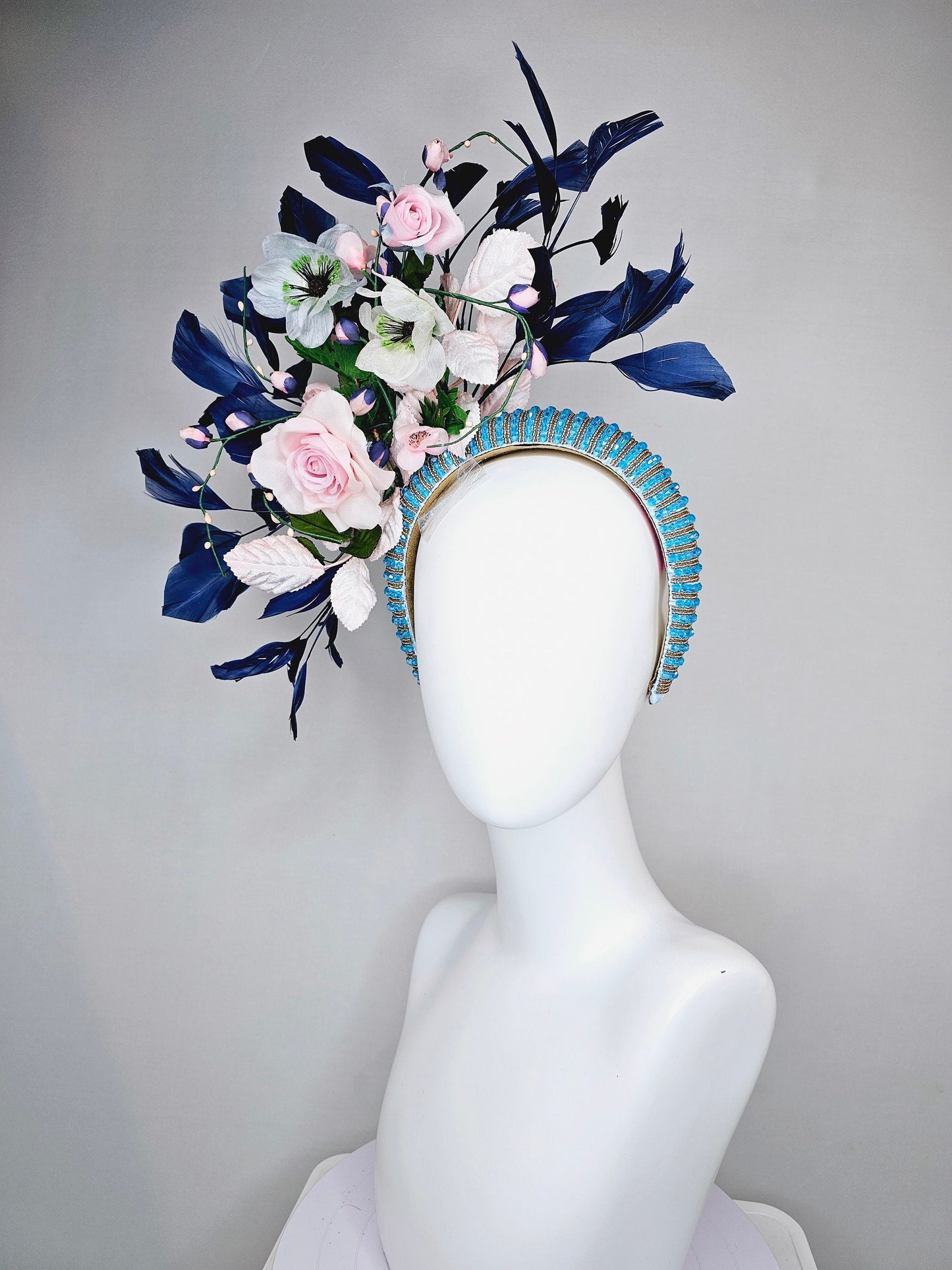 kentucky derby hat fascinator turquoise blue crystal rhinestone headband light pink roses and white flowers with navy blue feathers