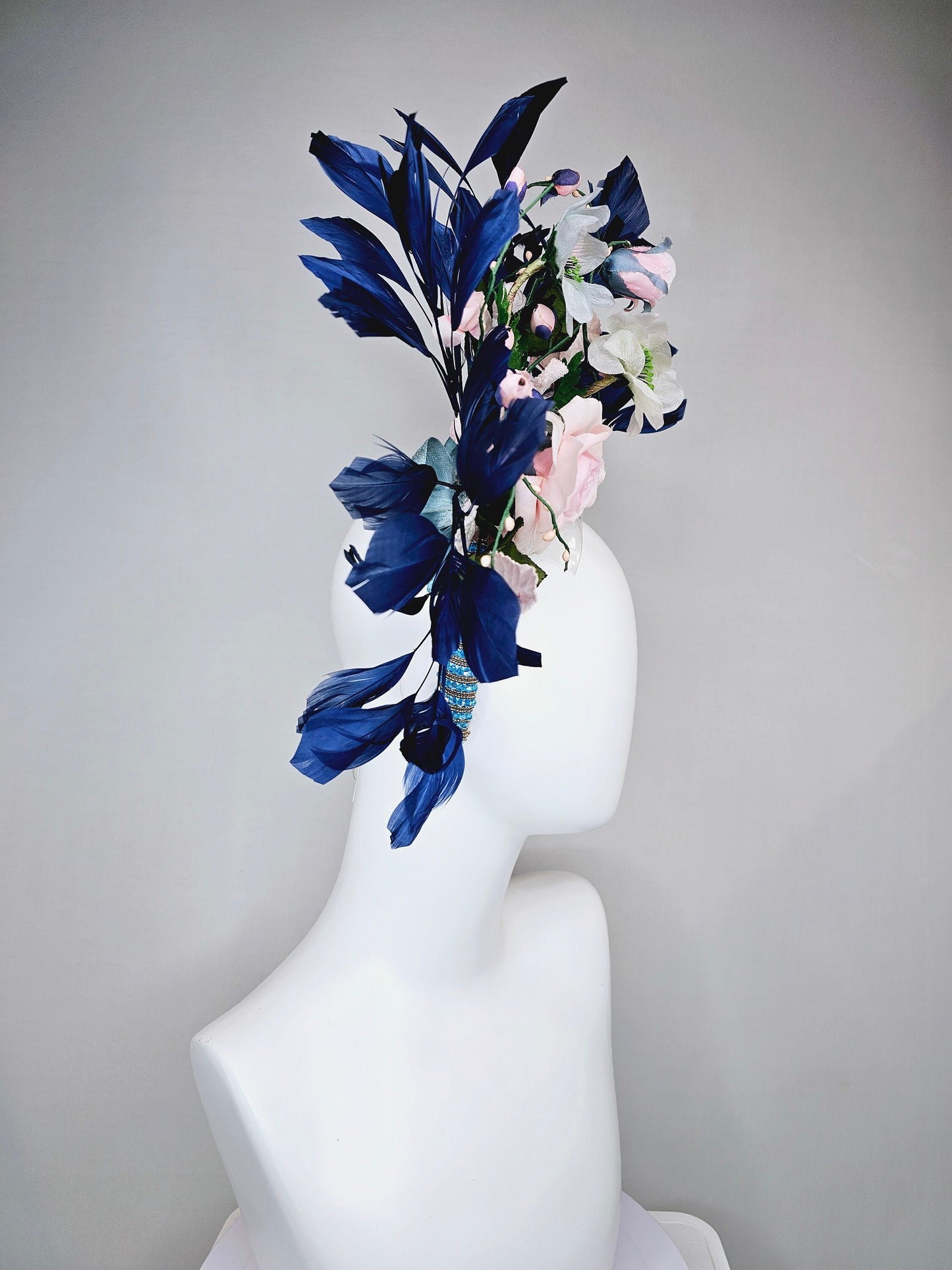 kentucky derby hat fascinator turquoise blue crystal rhinestone headband light pink roses and white flowers with navy blue feathers