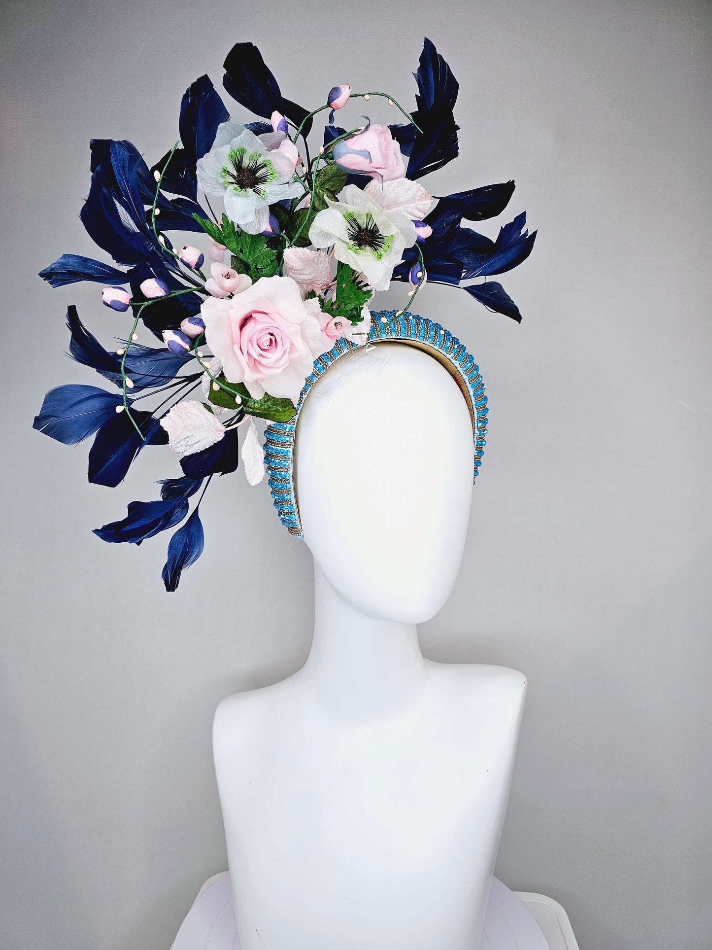 kentucky derby hat fascinator turquoise blue crystal rhinestone headband light pink roses and white flowers with navy blue feathers