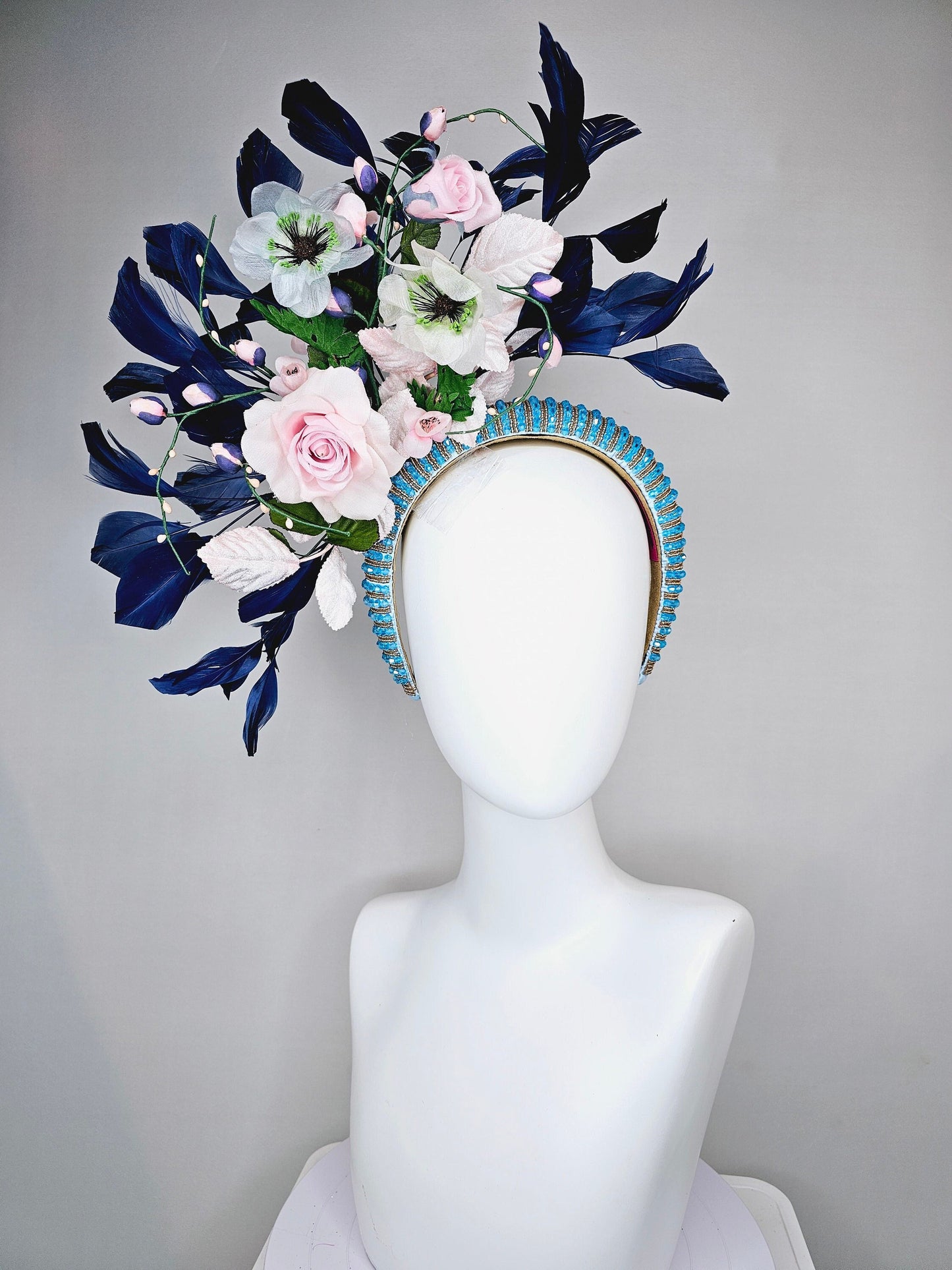 kentucky derby hat fascinator turquoise blue crystal rhinestone headband light pink roses and white flowers with navy blue feathers