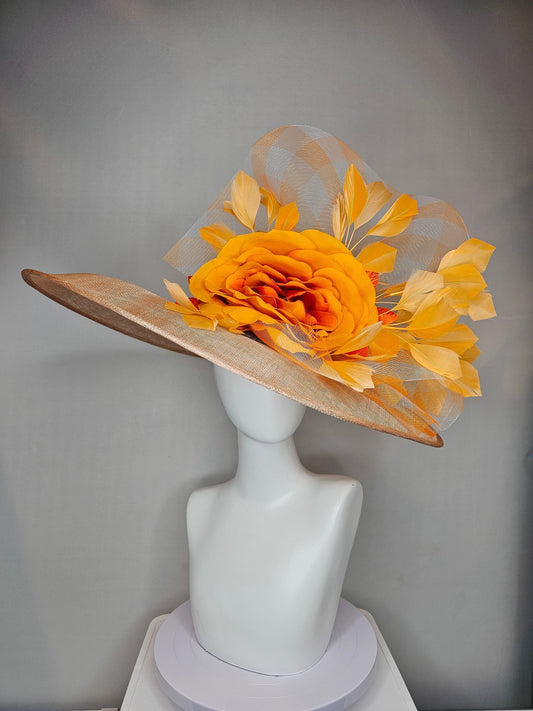 kentucky derby hat large wide brim sinamay taupe neutral hat with burnt orange satin flower,orange feathers and orange gingham crinoline