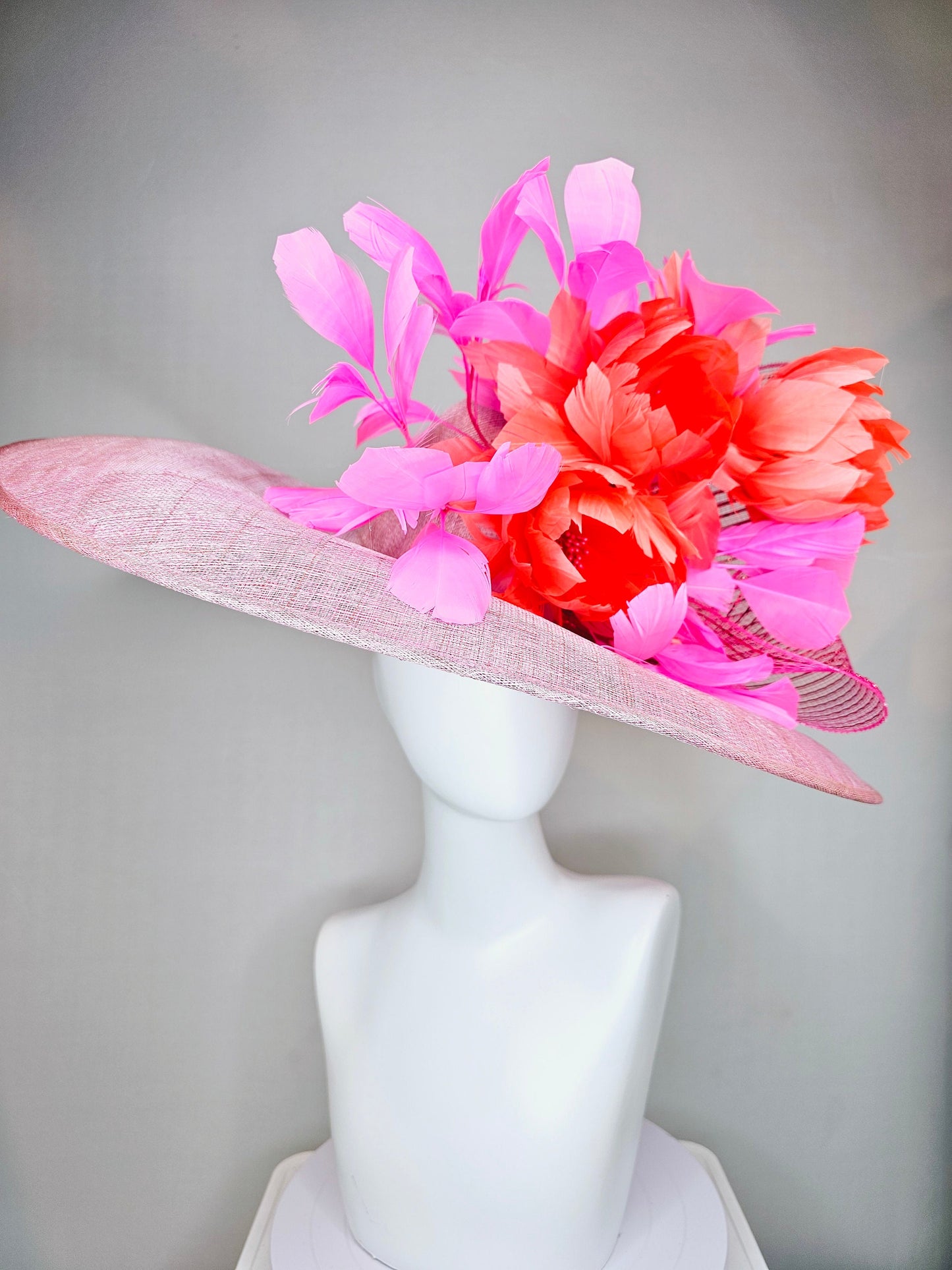 kentucky derby hat large wide brim sinamay light pink hat with large orange coral feather flowers and fuchsia pink feathers w pink crinoline