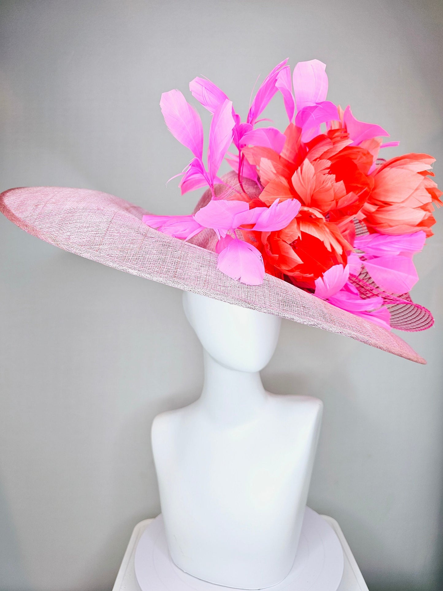 kentucky derby hat large wide brim sinamay light pink hat with large orange coral feather flowers and fuchsia pink feathers w pink crinoline