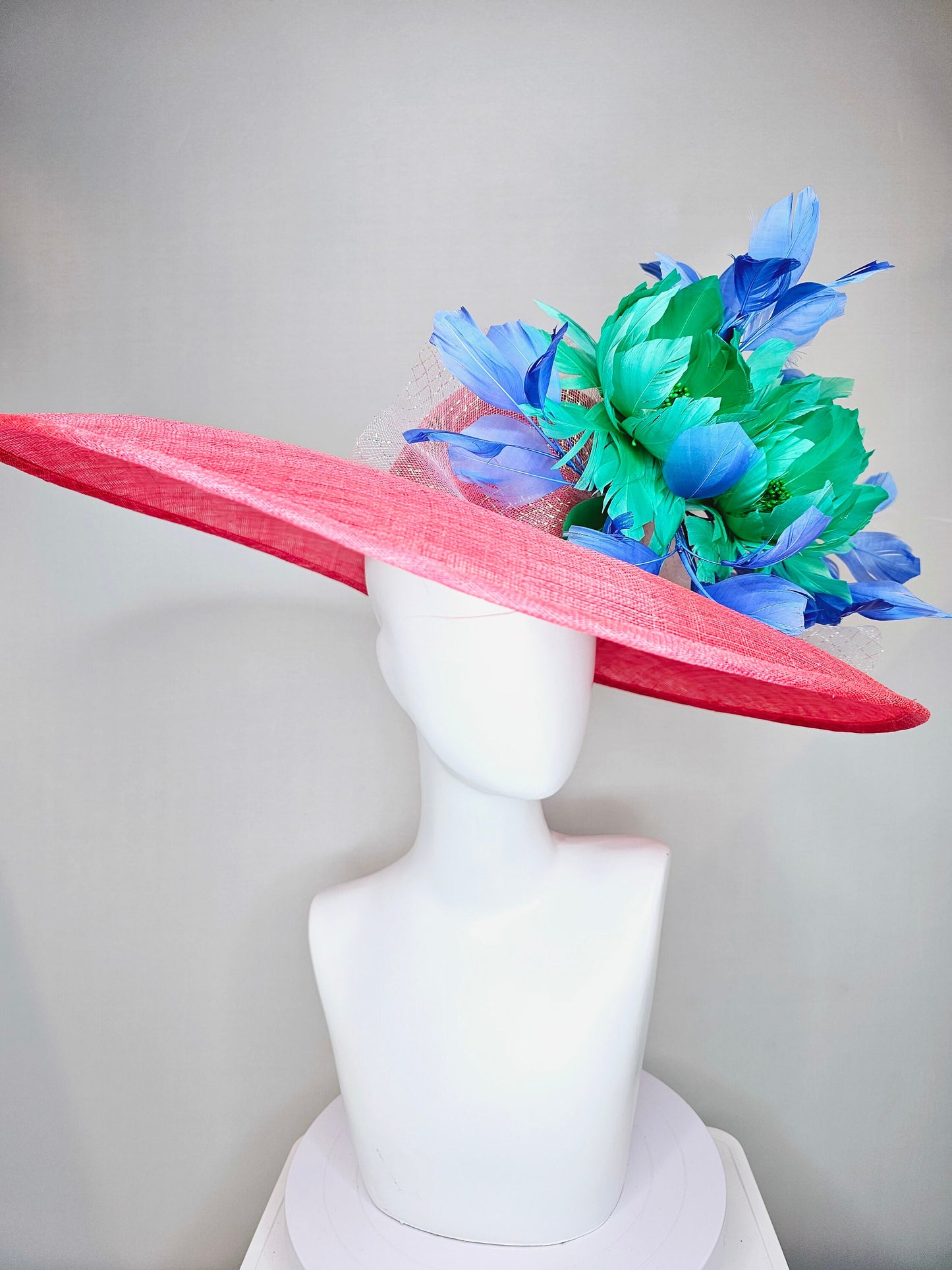 kentucky derby hat large wide brim sinamay coral hat w emerald green feather flowers, royal blue feathers and white ivory crinoline