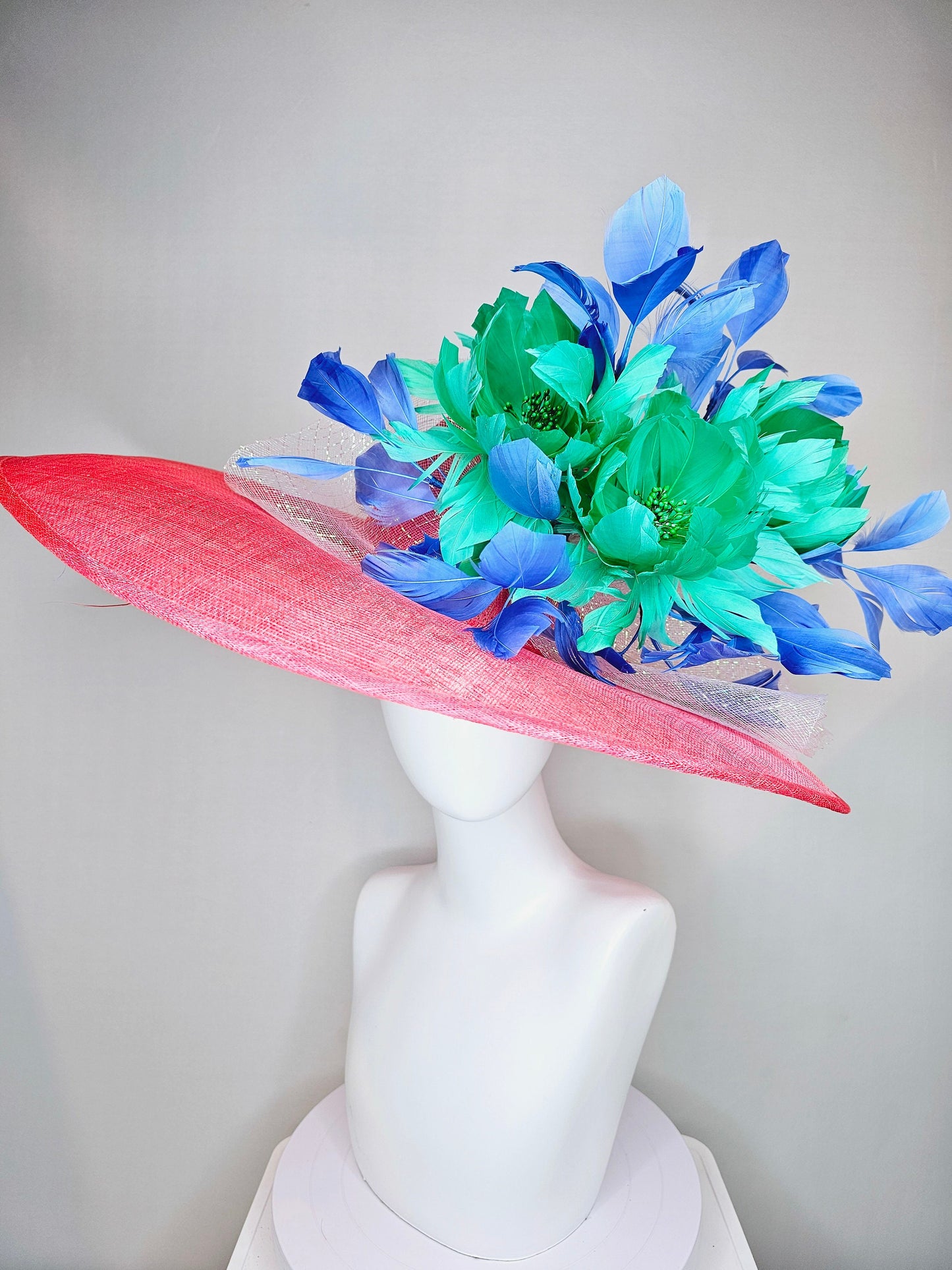 kentucky derby hat large wide brim sinamay coral hat w emerald green feather flowers, royal blue feathers and white ivory crinoline