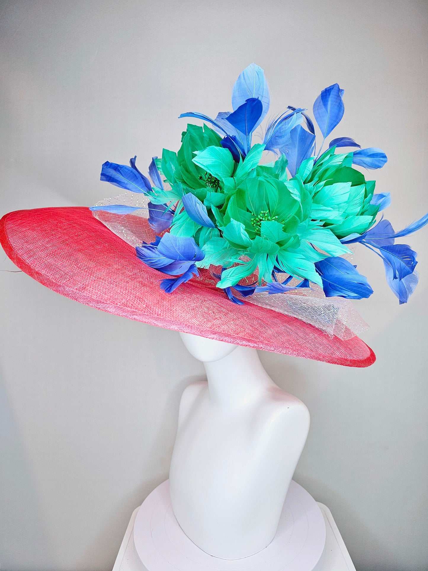 kentucky derby hat large wide brim sinamay coral hat w emerald green feather flowers, royal blue feathers and white ivory crinoline