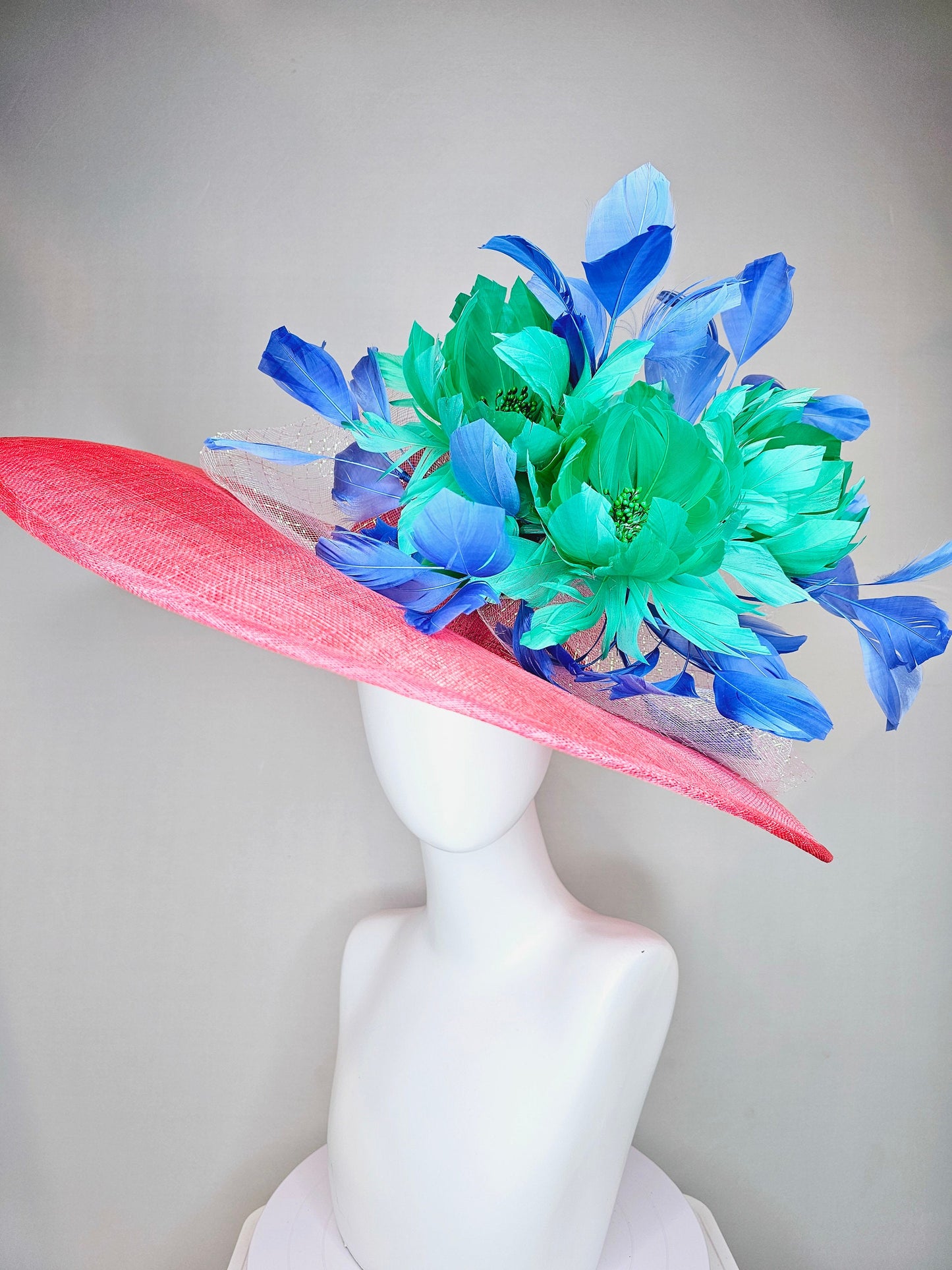 kentucky derby hat large wide brim sinamay coral hat w emerald green feather flowers, royal blue feathers and white ivory crinoline