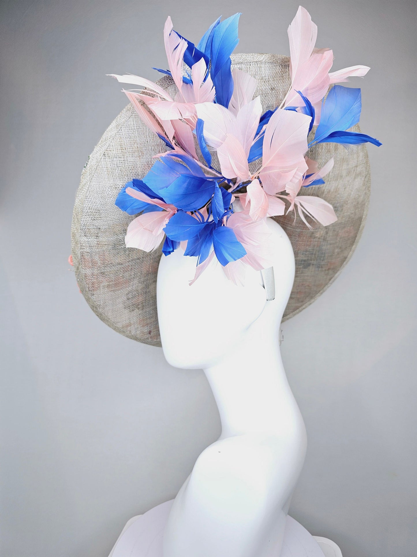 kentucky derby hat fascinator taupe beige neutral large saucer sinamay rainbow floral embroidered decor with pink blue branching feathers