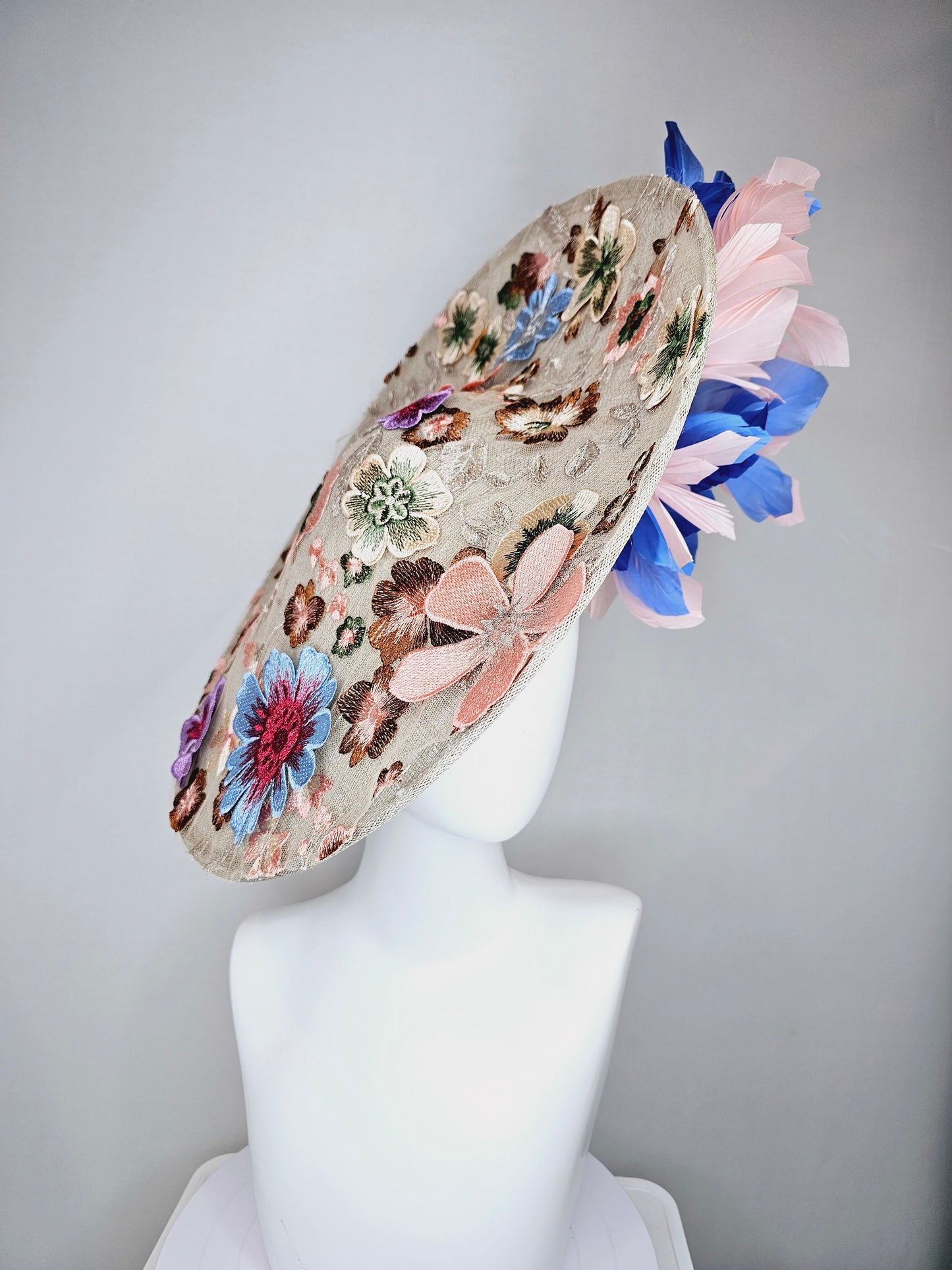 kentucky derby hat fascinator taupe beige neutral large saucer sinamay rainbow floral embroidered decor with pink blue branching feathers