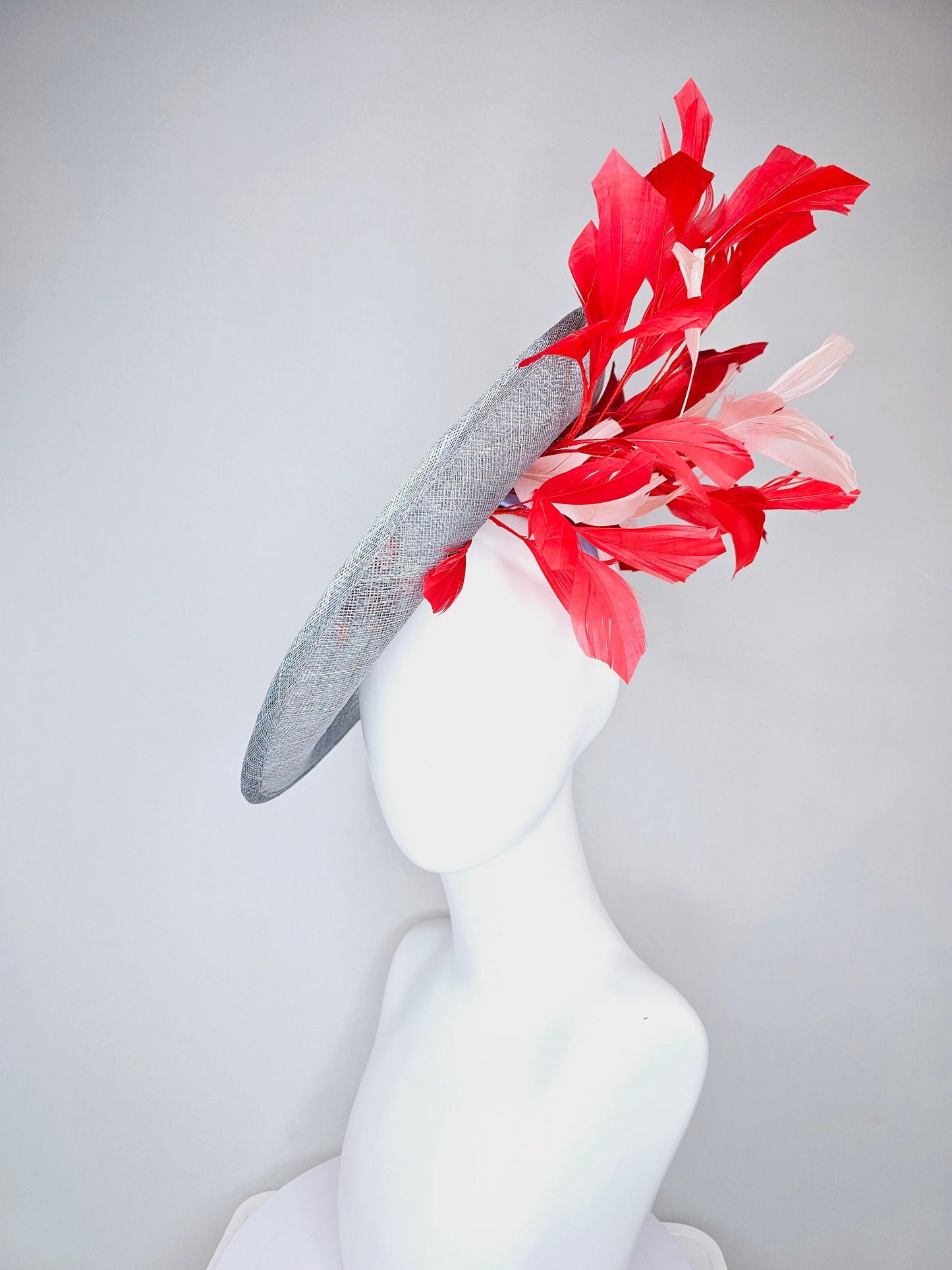 kentucky derby hat gray blue sinamay saucer with red burgundy pink embroidered flowers with blush light pink and red feathers