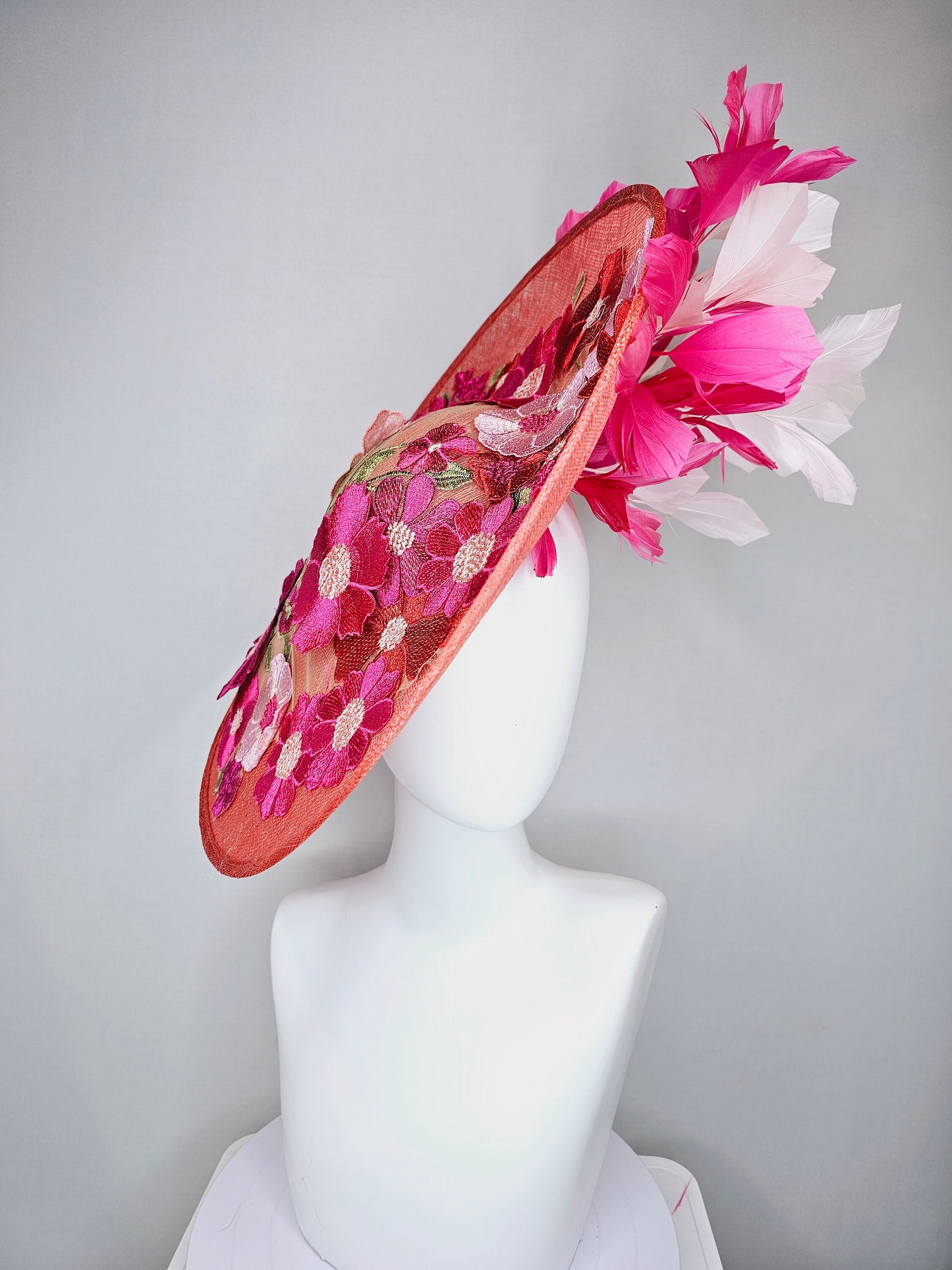 kentucky derby hat fascinator large coral red sinamay saucer with red pink green floral embroidered and hot pink and light pink feathers