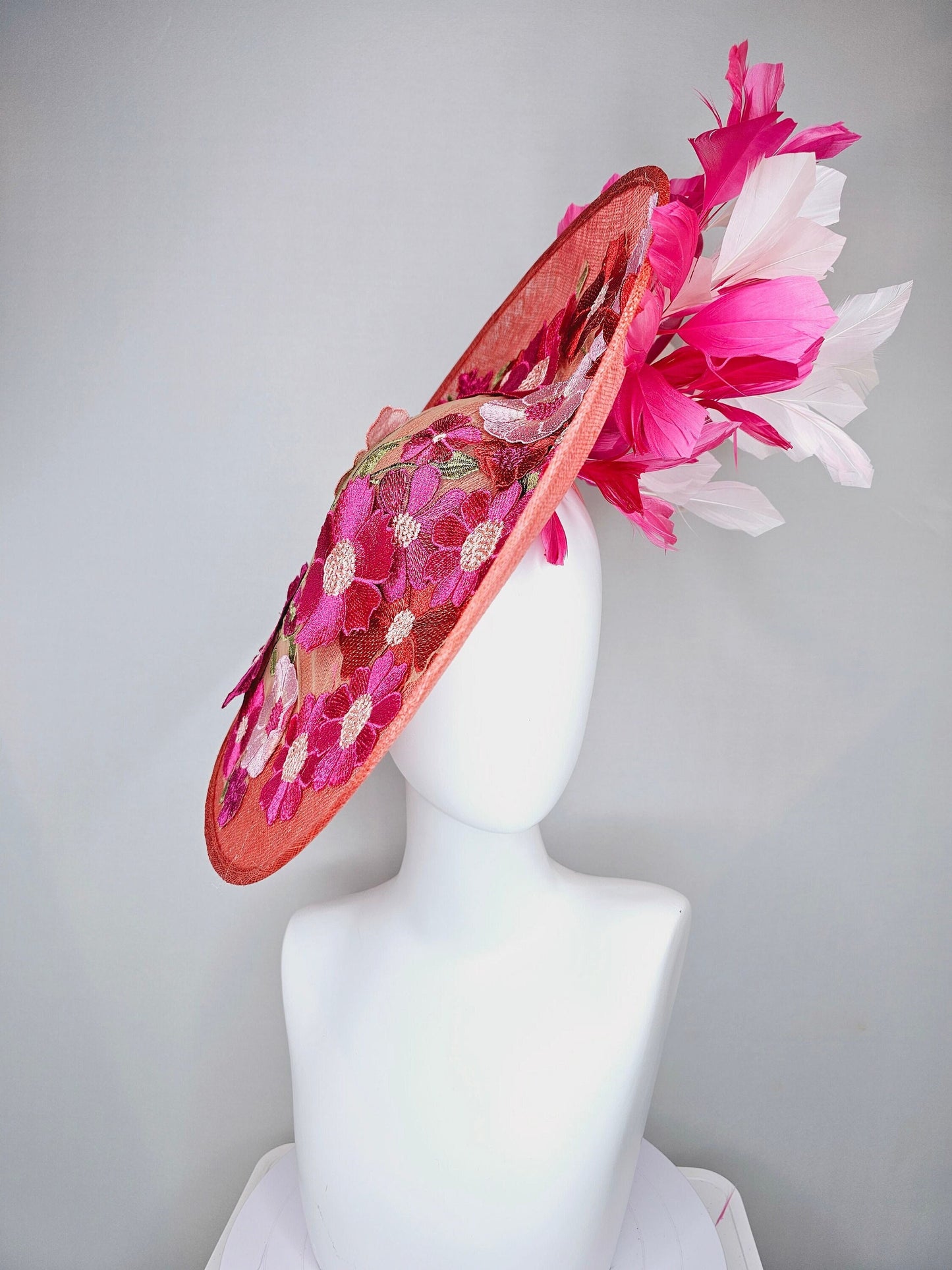 kentucky derby hat fascinator large coral red sinamay saucer with red pink green floral embroidered and hot pink and light pink feathers