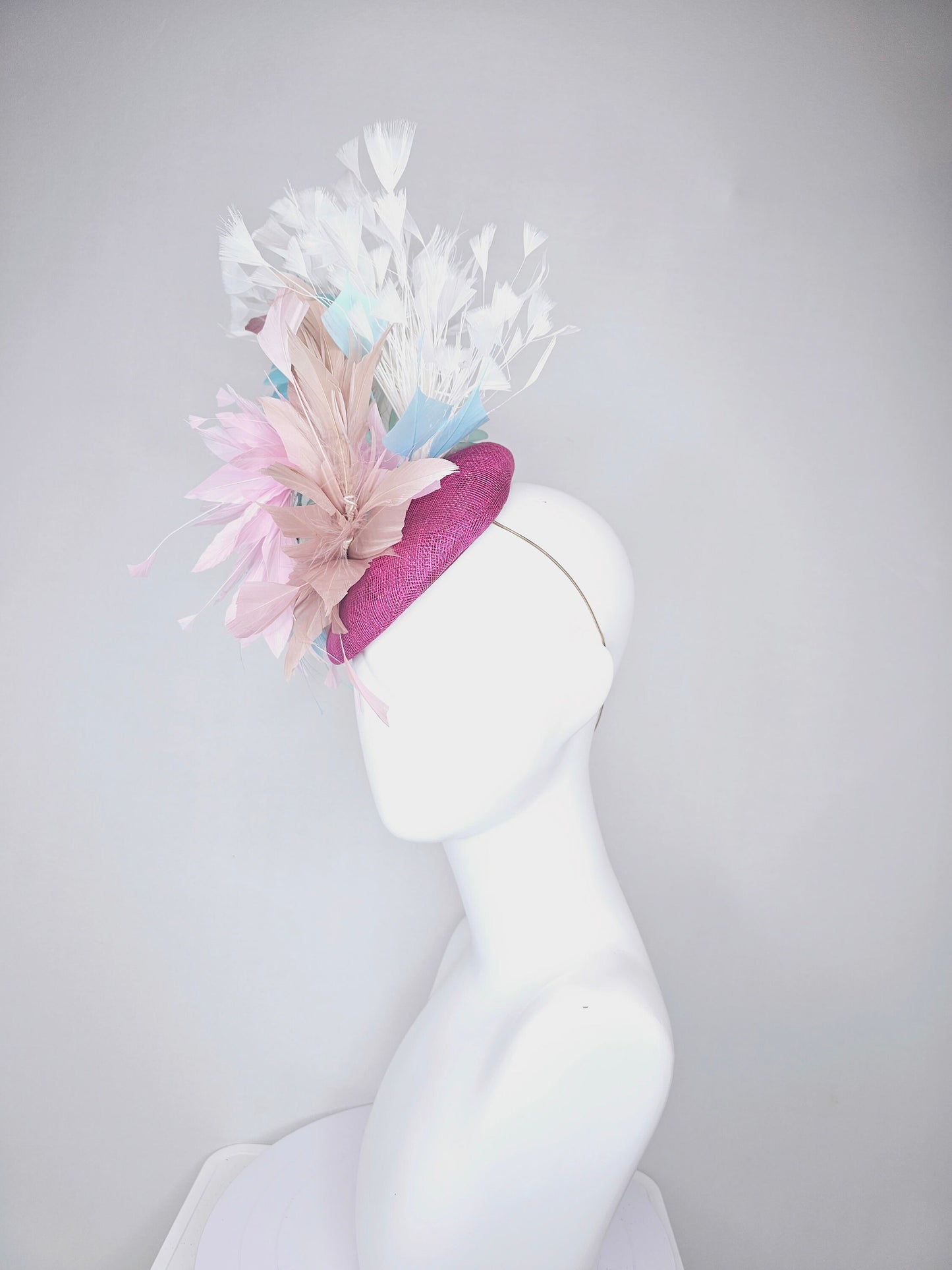 kentucky derby hat fascinator purple violet sinamay with neutral taupe tan, baby pink, and aqua blue branching feathers