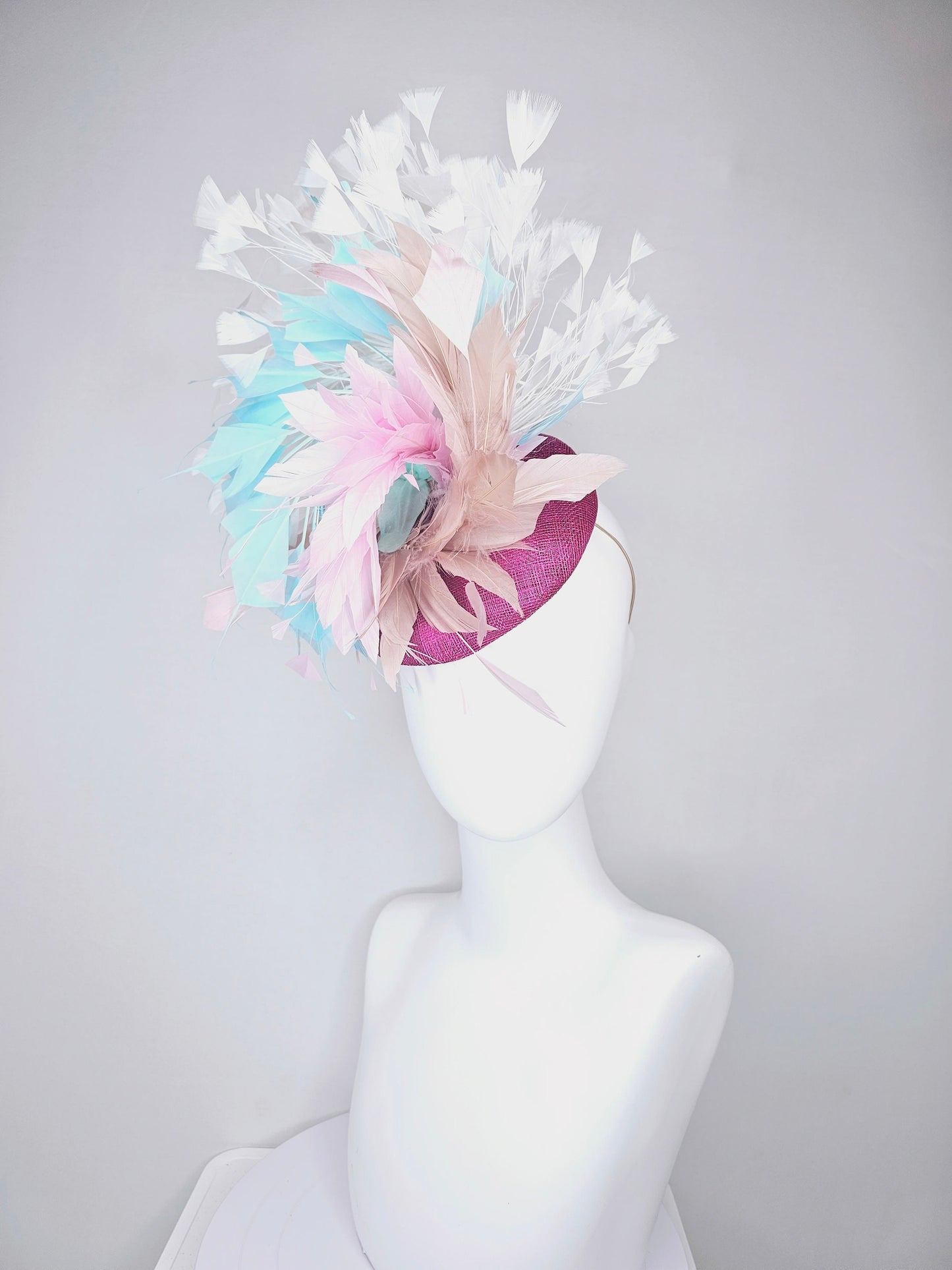 kentucky derby hat fascinator purple violet sinamay with neutral taupe tan, baby pink, and aqua blue branching feathers