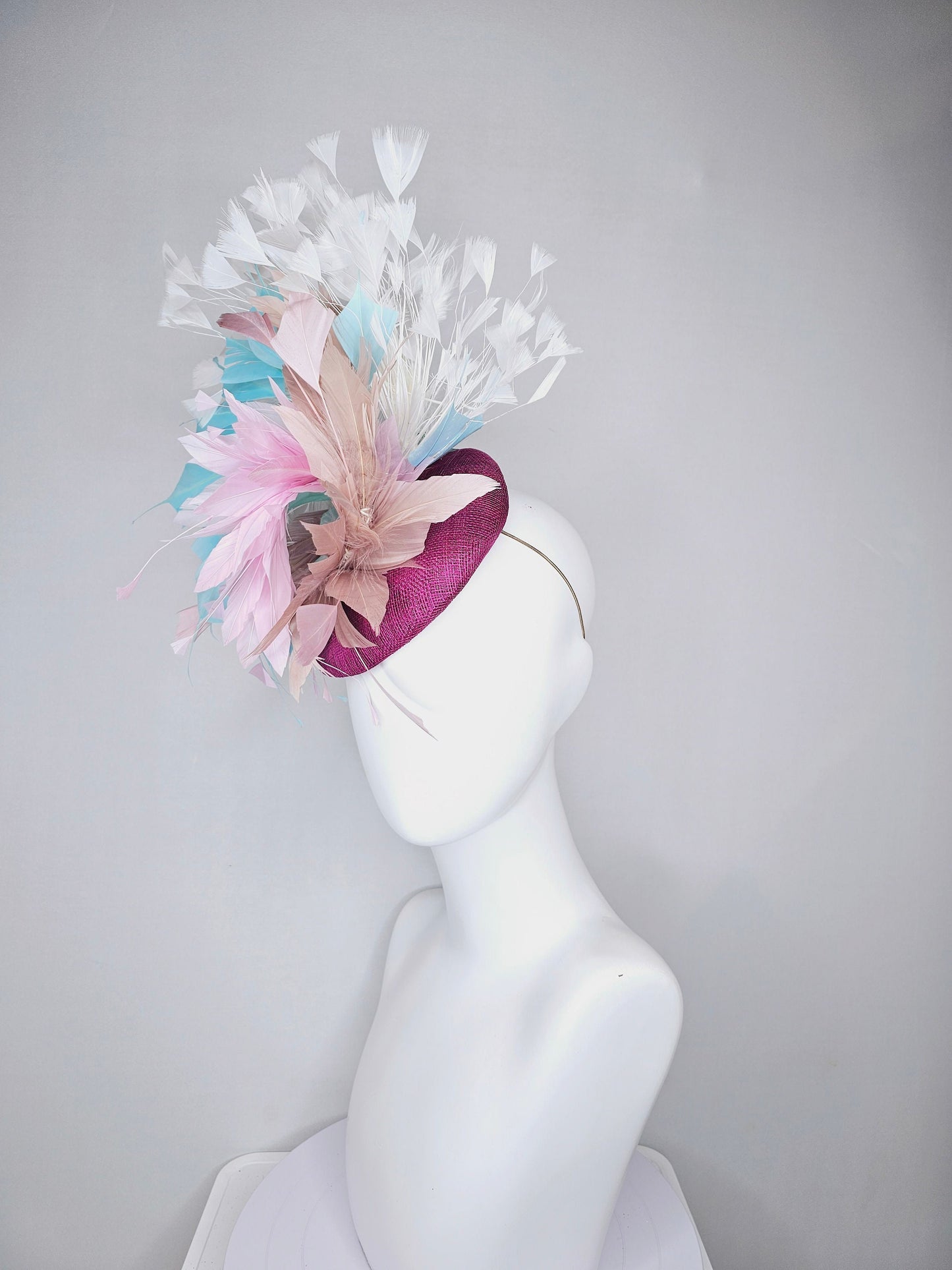 kentucky derby hat fascinator purple violet sinamay with neutral taupe tan, baby pink, and aqua blue branching feathers