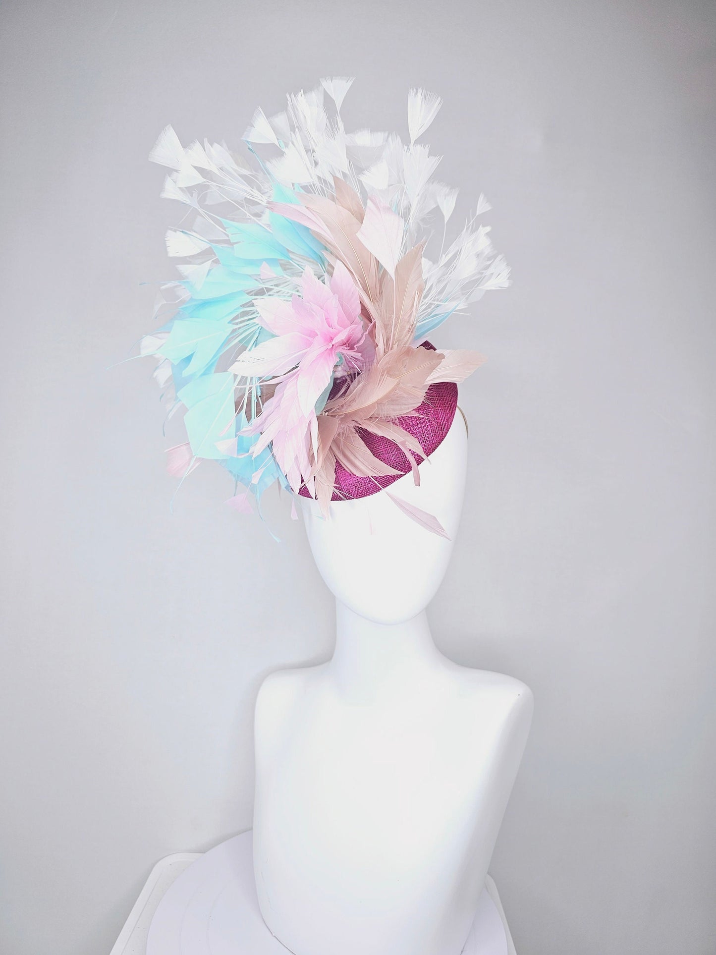 kentucky derby hat fascinator purple violet sinamay with neutral taupe tan, baby pink, and aqua blue branching feathers