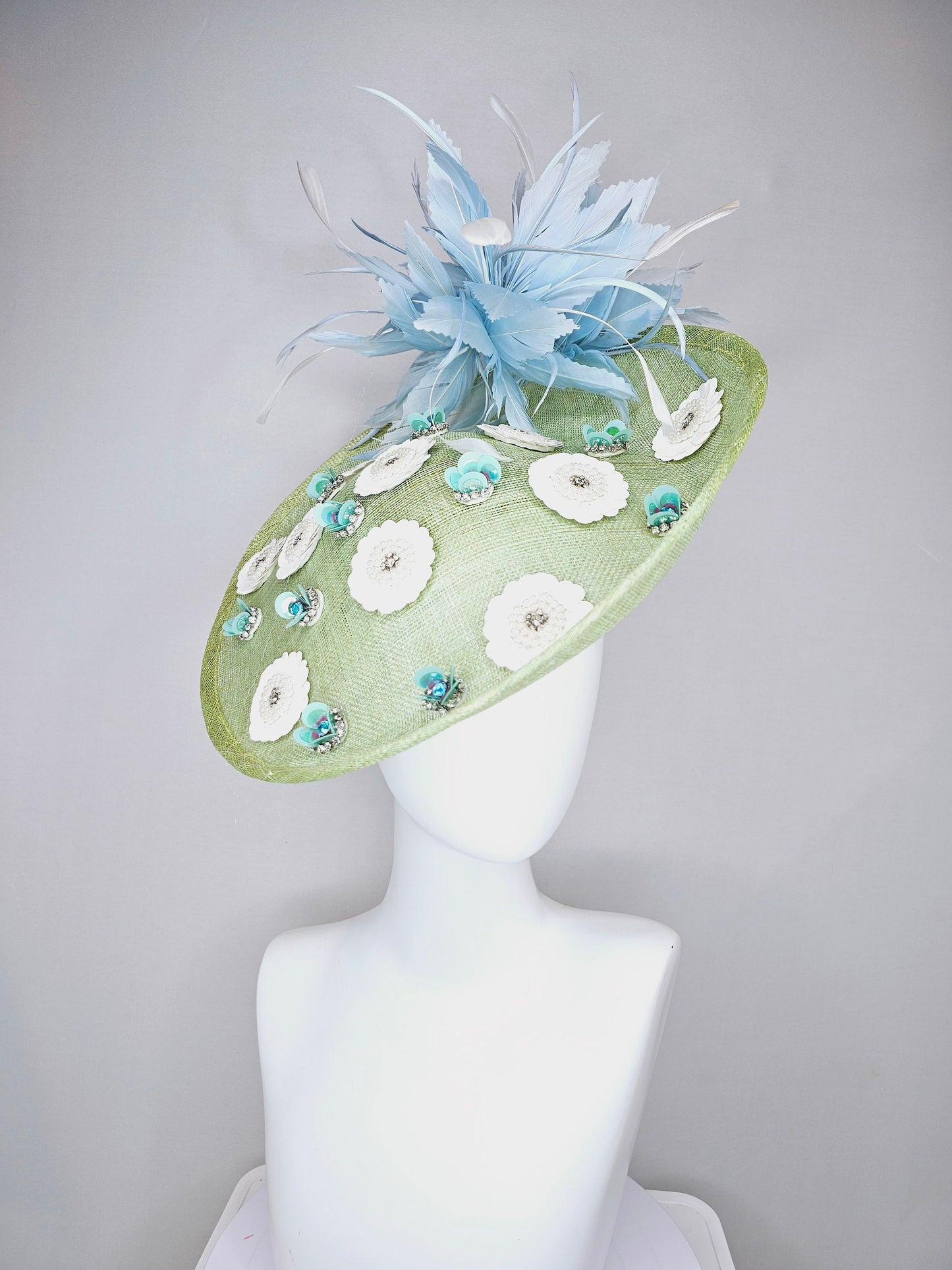 kentucky derby hat fascinator green sinamay saucer with white sequined pearls rhinestone beaded flowers and teal blue with ivory feathers