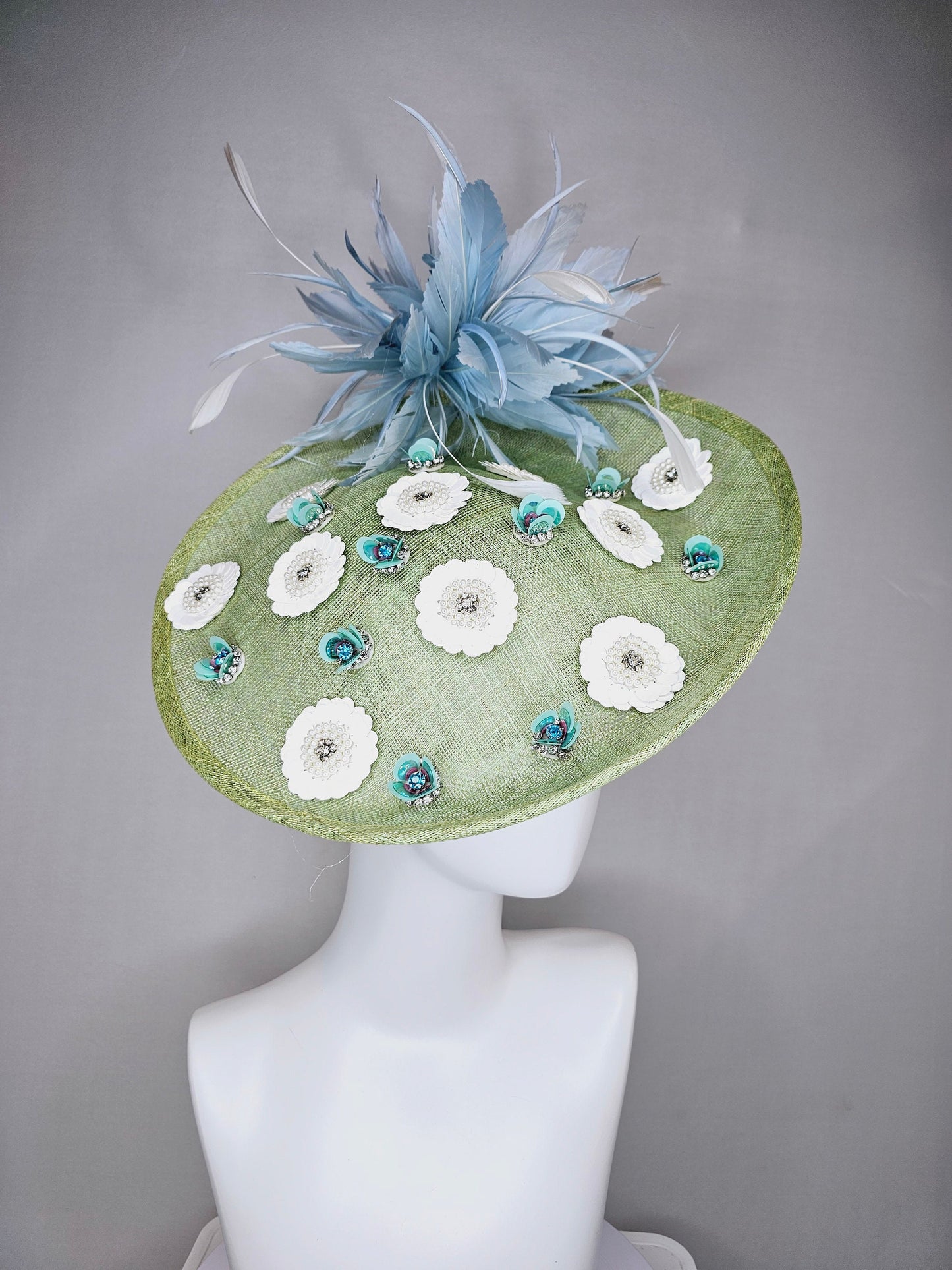 kentucky derby hat fascinator green sinamay saucer with white sequined pearls rhinestone beaded flowers and teal blue with ivory feathers