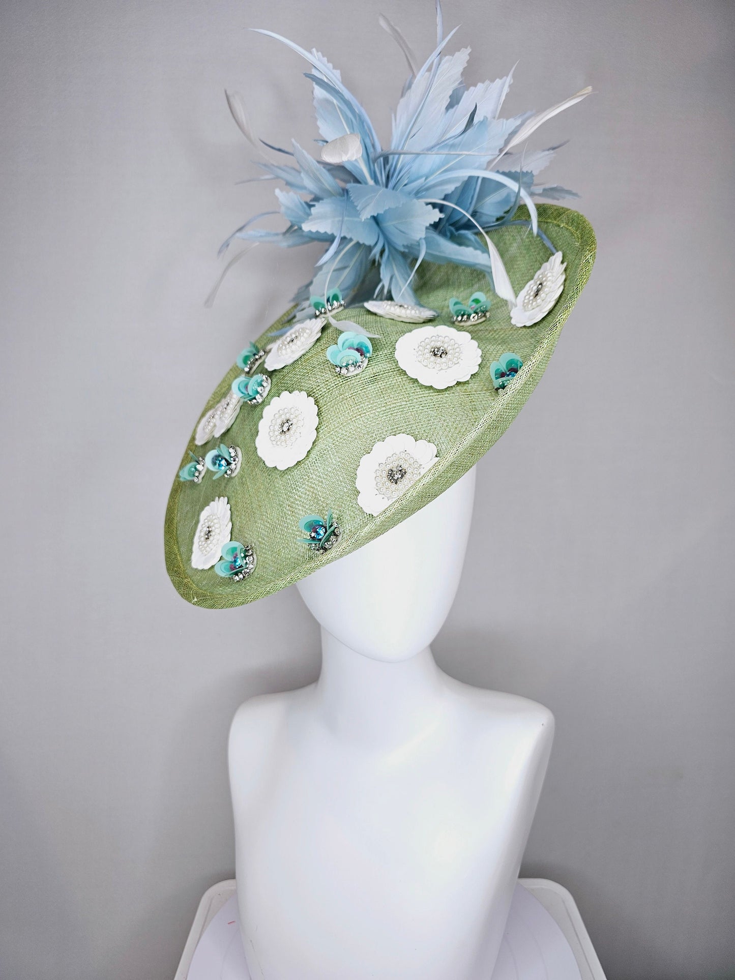 kentucky derby hat fascinator green sinamay saucer with white sequined pearls rhinestone beaded flowers and teal blue with ivory feathers