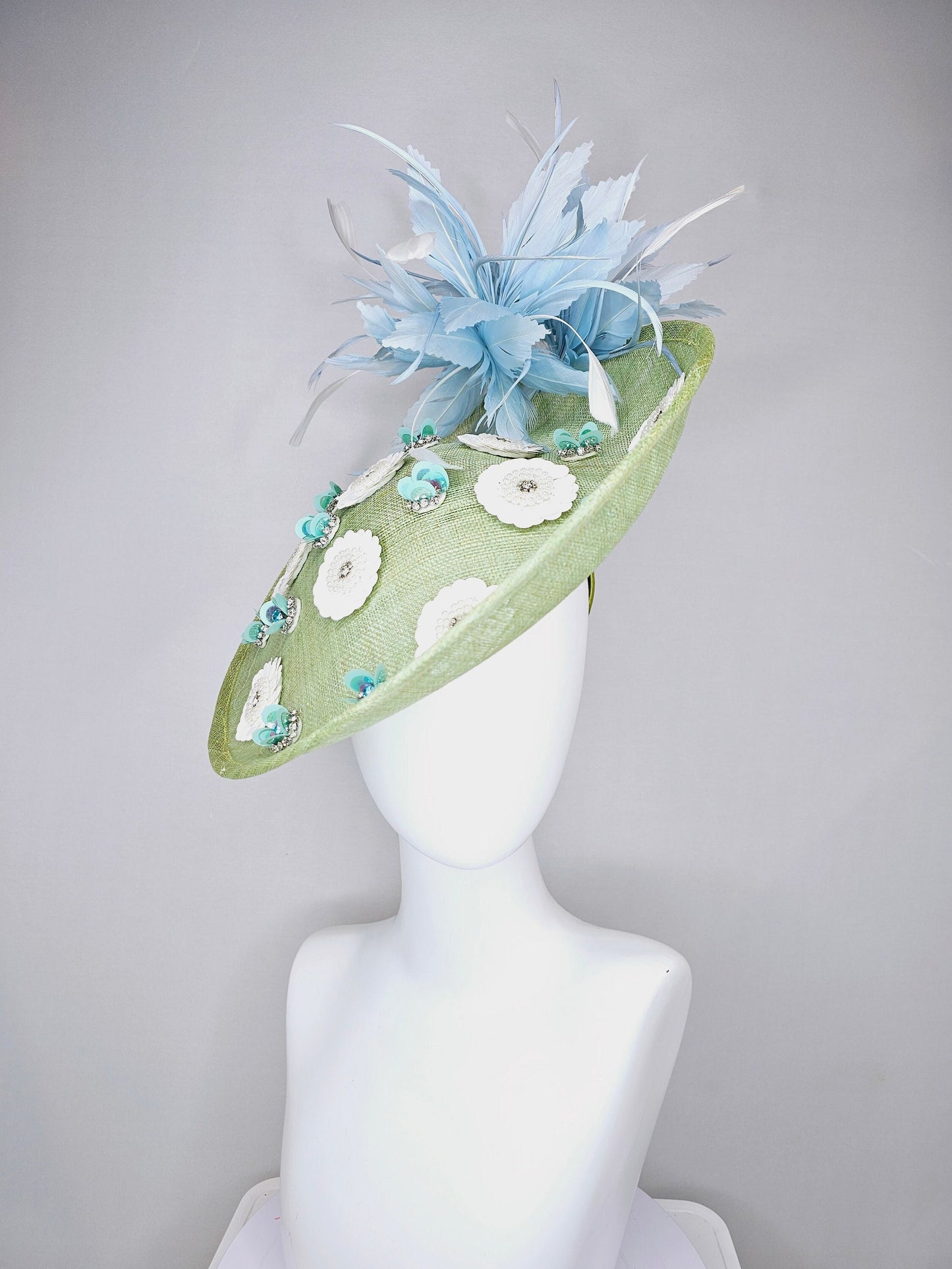 kentucky derby hat fascinator green sinamay saucer with white sequined pearls rhinestone beaded flowers and teal blue with ivory feathers