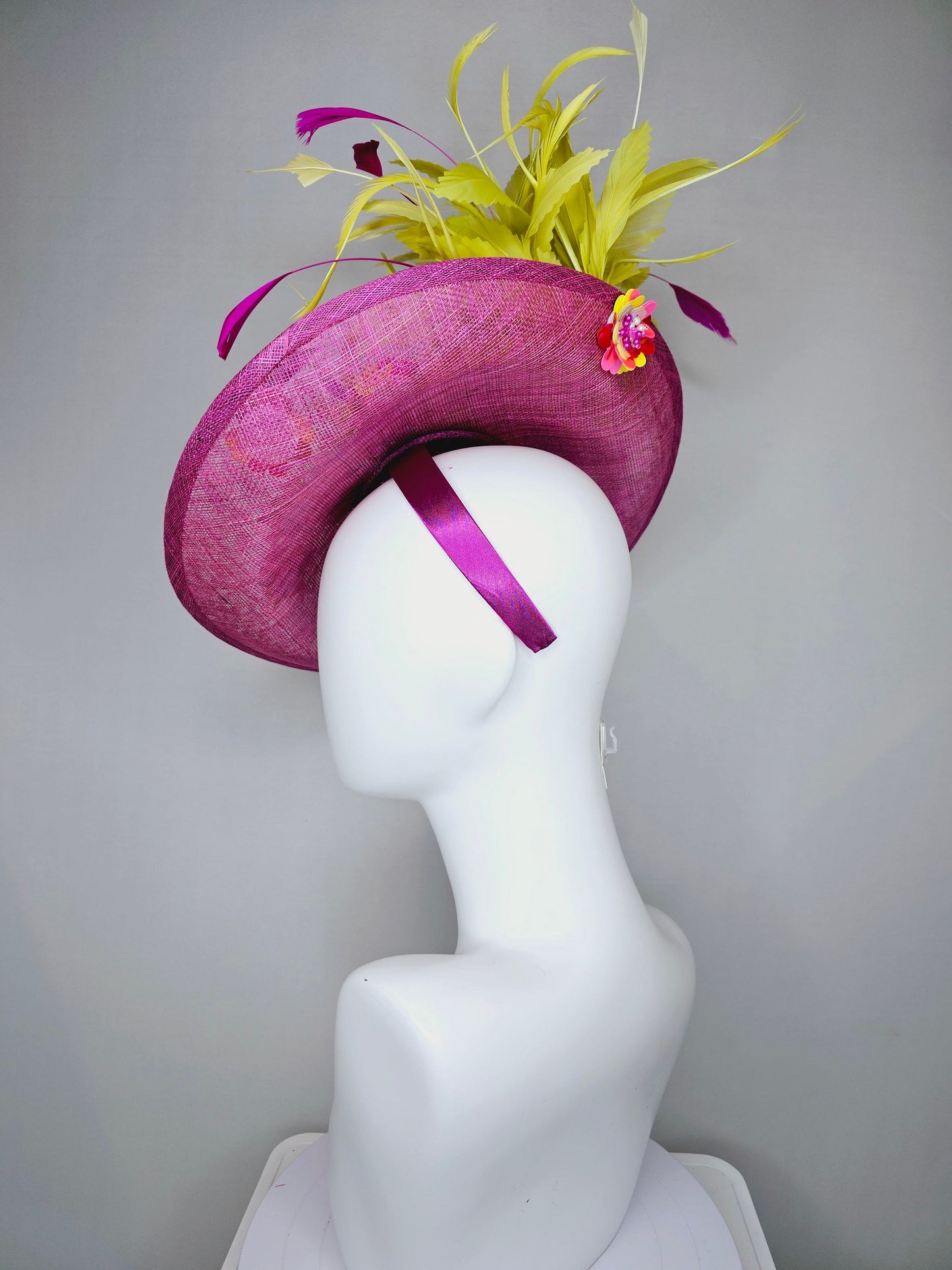 kentucky derby hat fascinator mulberry purple sinamay saucer with yellow pink sequin jewel embroidered flowers and fuchsia yellow feathers