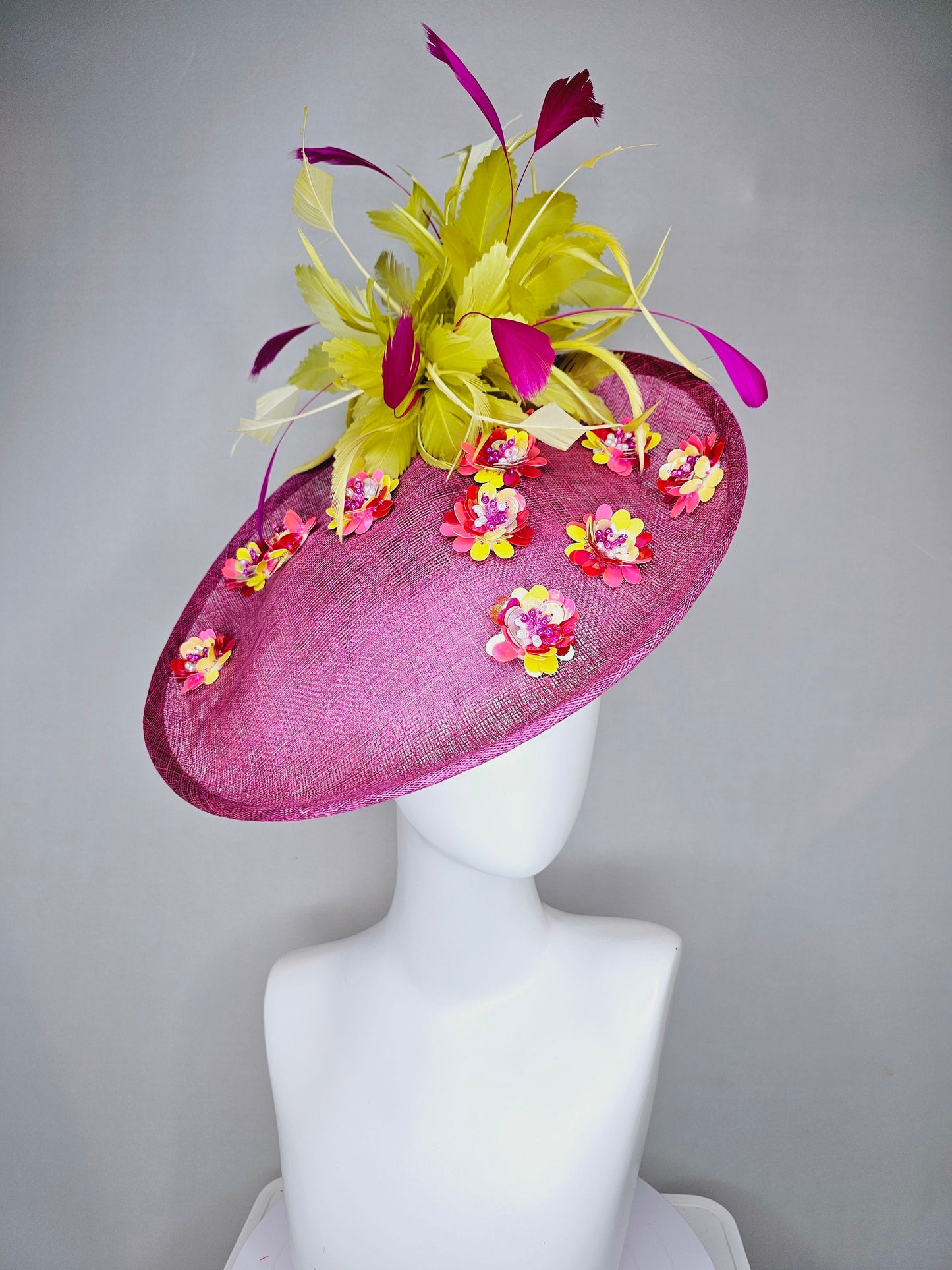 kentucky derby hat fascinator mulberry purple sinamay saucer with yellow pink sequin jewel embroidered flowers and fuchsia yellow feathers