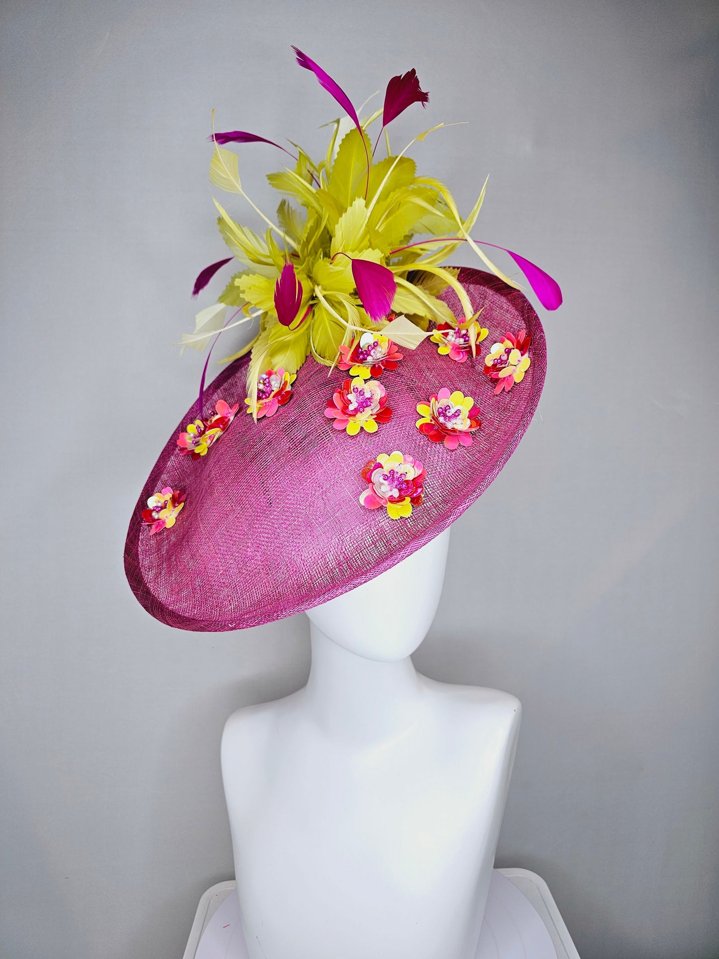 kentucky derby hat fascinator mulberry purple sinamay saucer with yellow pink sequin jewel embroidered flowers and fuchsia yellow feathers