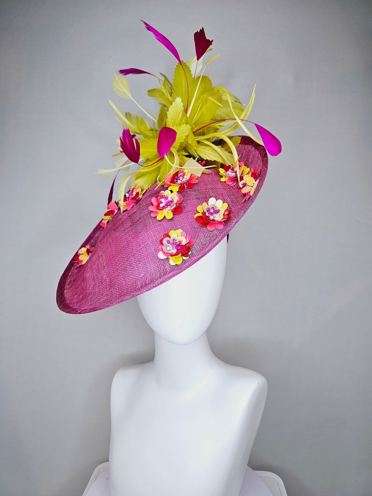 kentucky derby hat fascinator mulberry purple sinamay saucer with yellow pink sequin jewel embroidered flowers and fuchsia yellow feathers