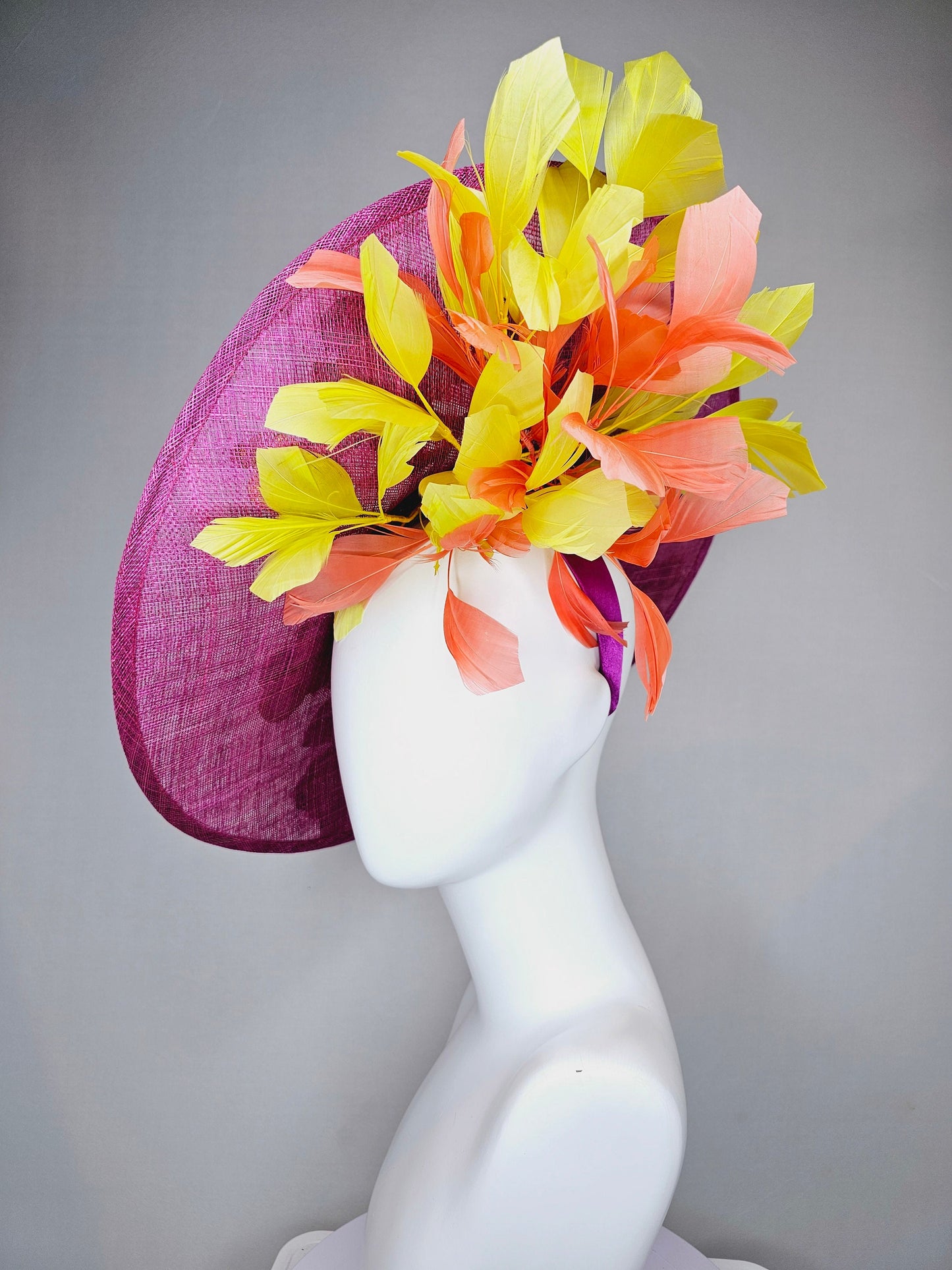 kentucky derby hat fascinator mulberry purple sinamay saucer with yellow coral purple pink embroidered flowers and peach yellow feathers