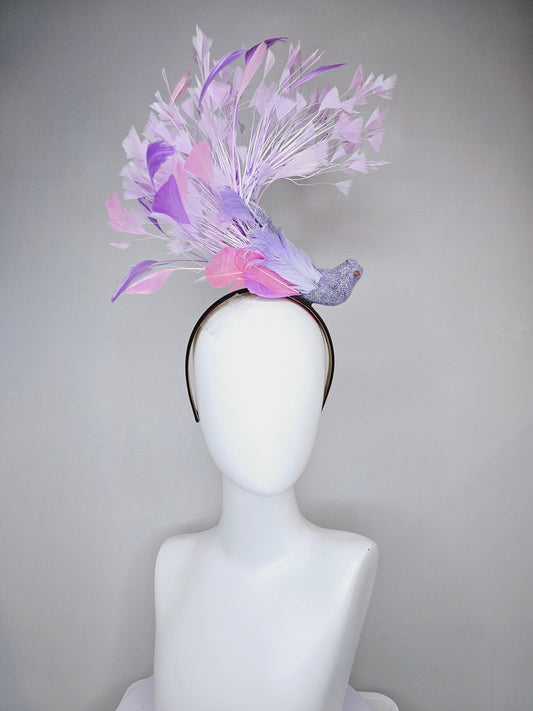 kentucky derby hat fascinator dark brown brunette satin headband with purple bird and purple lavender pink feathers