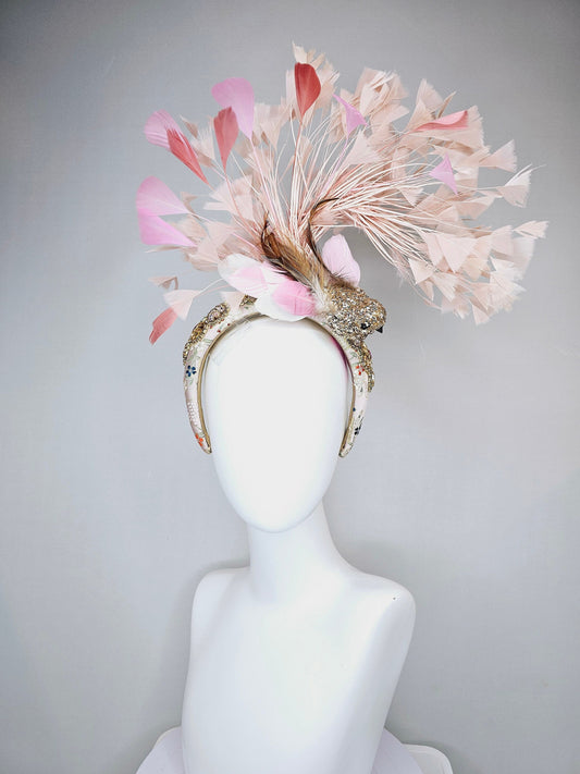 kentucky derby hat fascinator gold blush pink brocade jewel headband with gold sequined bird and white,blush pink, and peach feathers