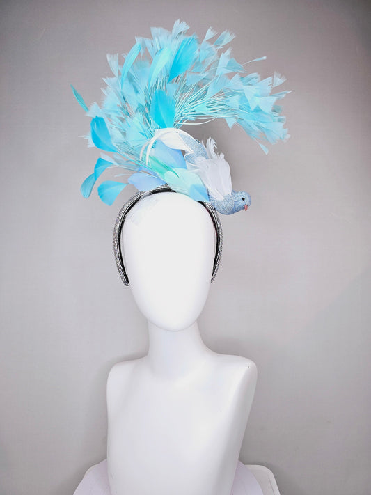 kentucky derby hat fascinator rhinestone sparkle headband with blue bird and white,blue, aqua blue feathers