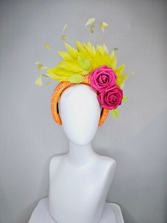 kentucky derby hat fascinator bright yellow feathers on iridescent crystal bright orange headband with pink roses and orange leaves