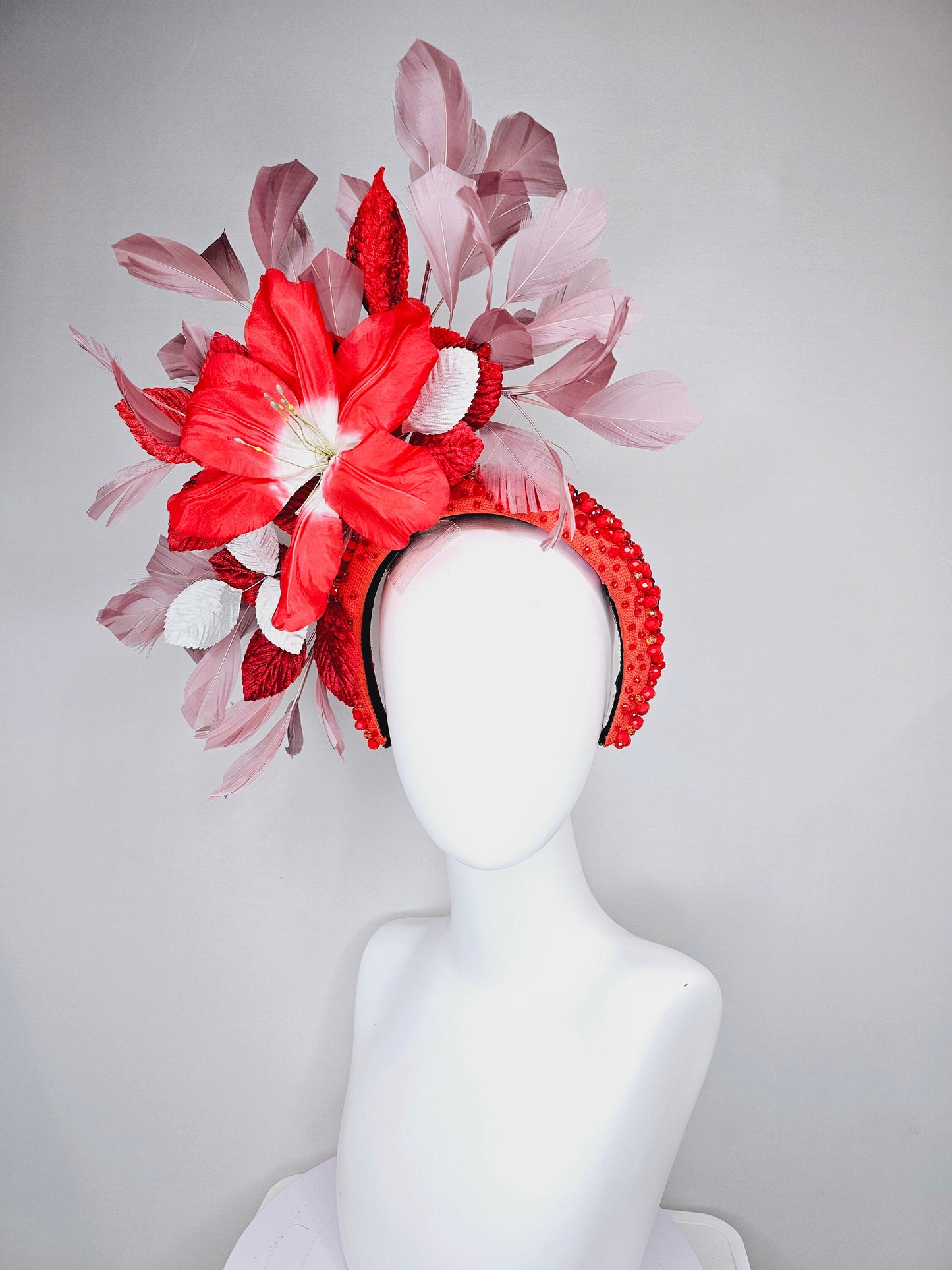 kentucky derby hat fascinator large red flower with red and white leaves with blush pink feathers on red crystal beaded headband