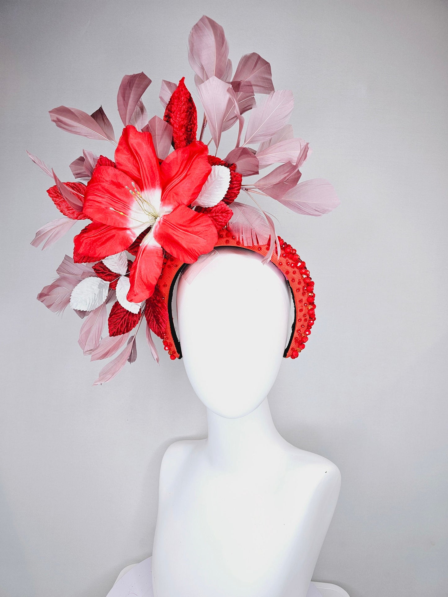 kentucky derby hat fascinator large red flower with red and white leaves with blush pink feathers on red crystal beaded headband