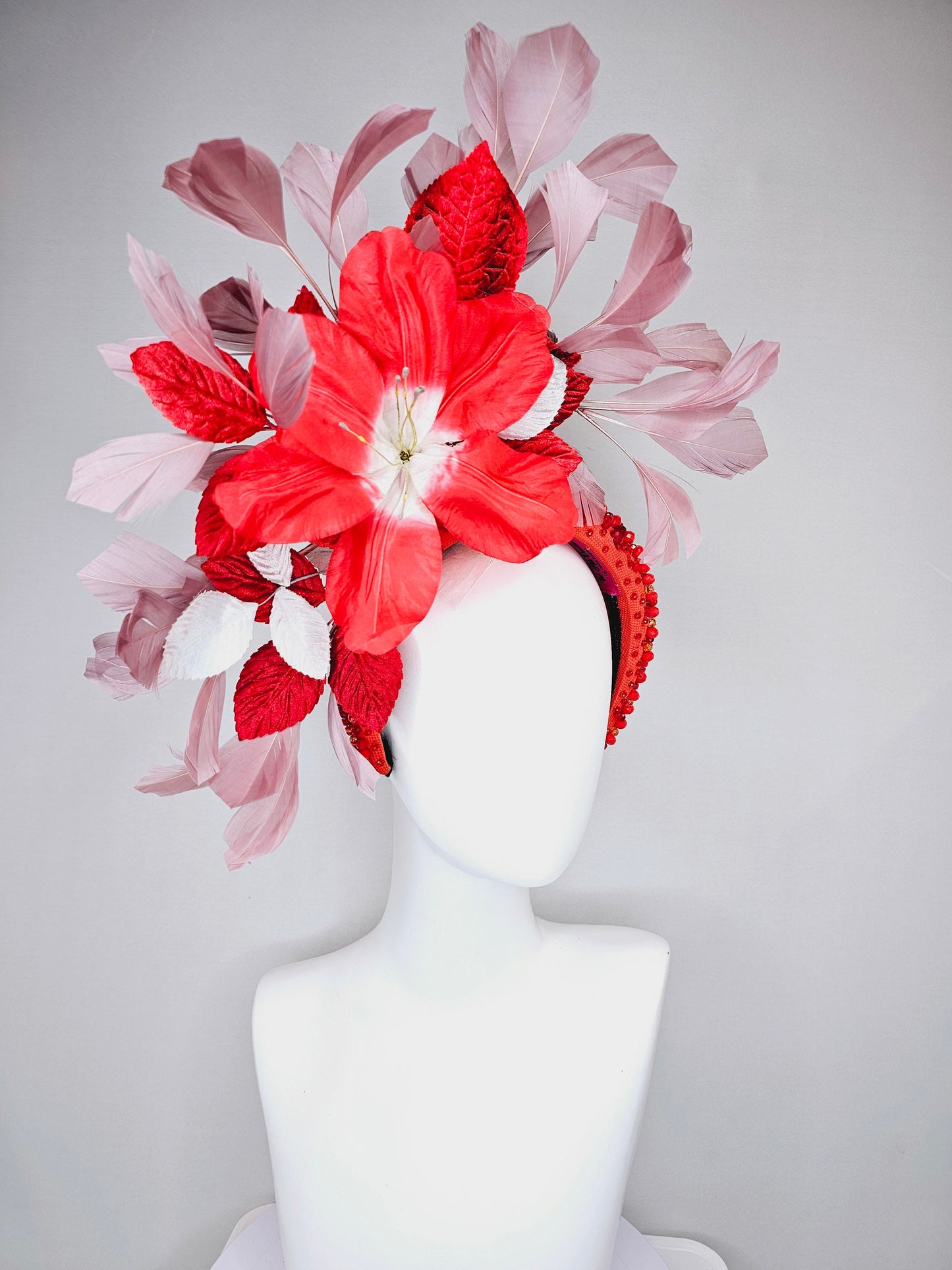 kentucky derby hat fascinator large red flower with red and white leaves with blush pink feathers on red crystal beaded headband