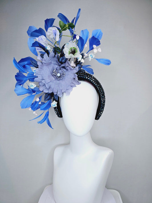 kentucky derby hat fascinator dark blue swarovski crystal rhinestone headband w large lavender blue silk and white flower royal blue feather