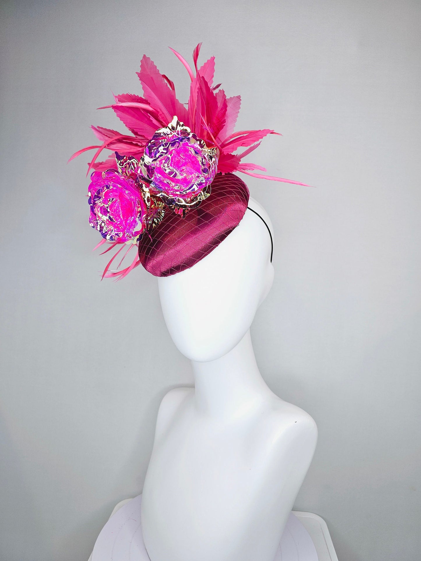 kentucky derby hat fascinator wine pink sinamay with gold stem pink iridescent flowers and pink feathers