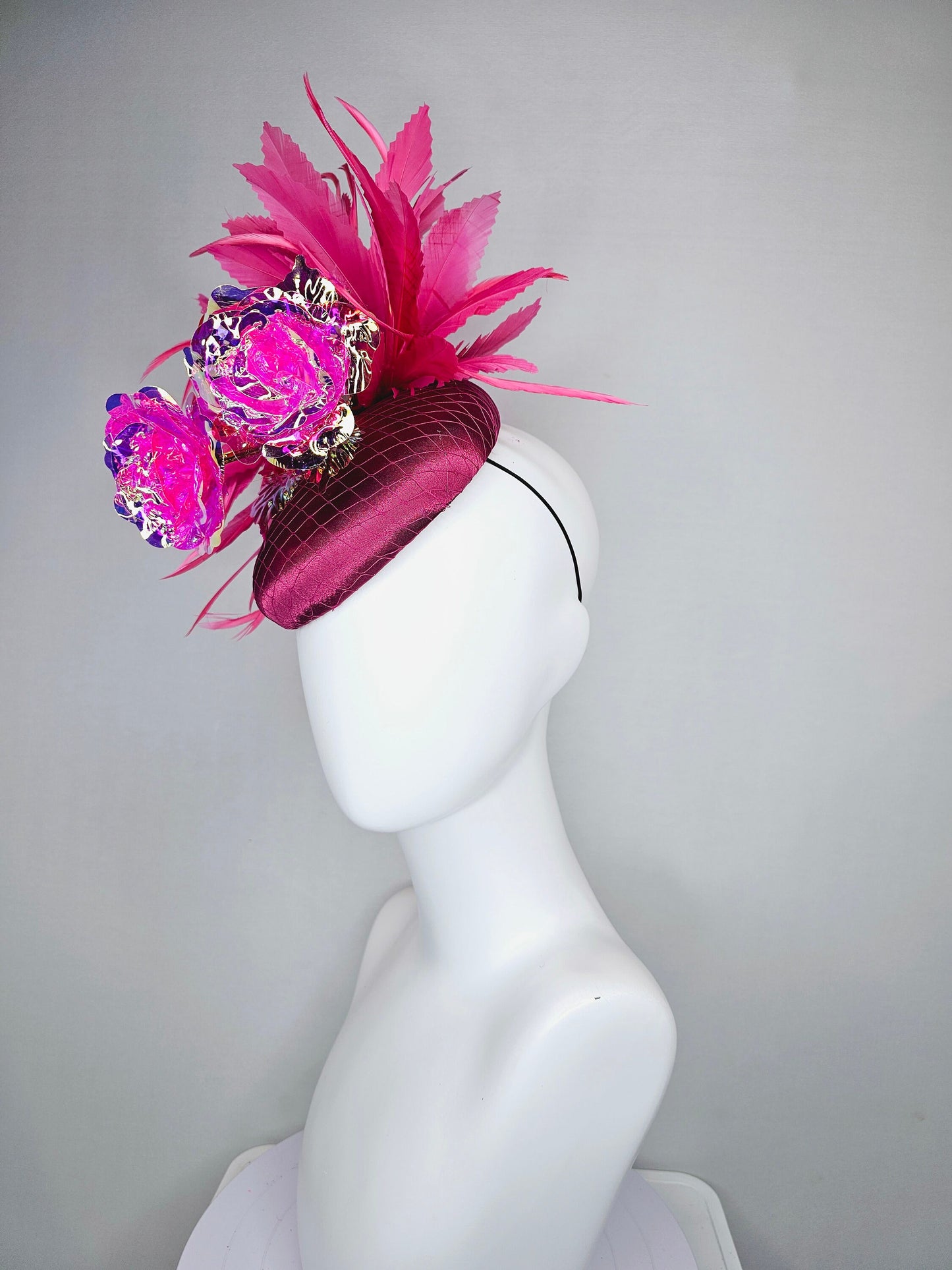 kentucky derby hat fascinator wine pink sinamay with gold stem pink iridescent flowers and pink feathers