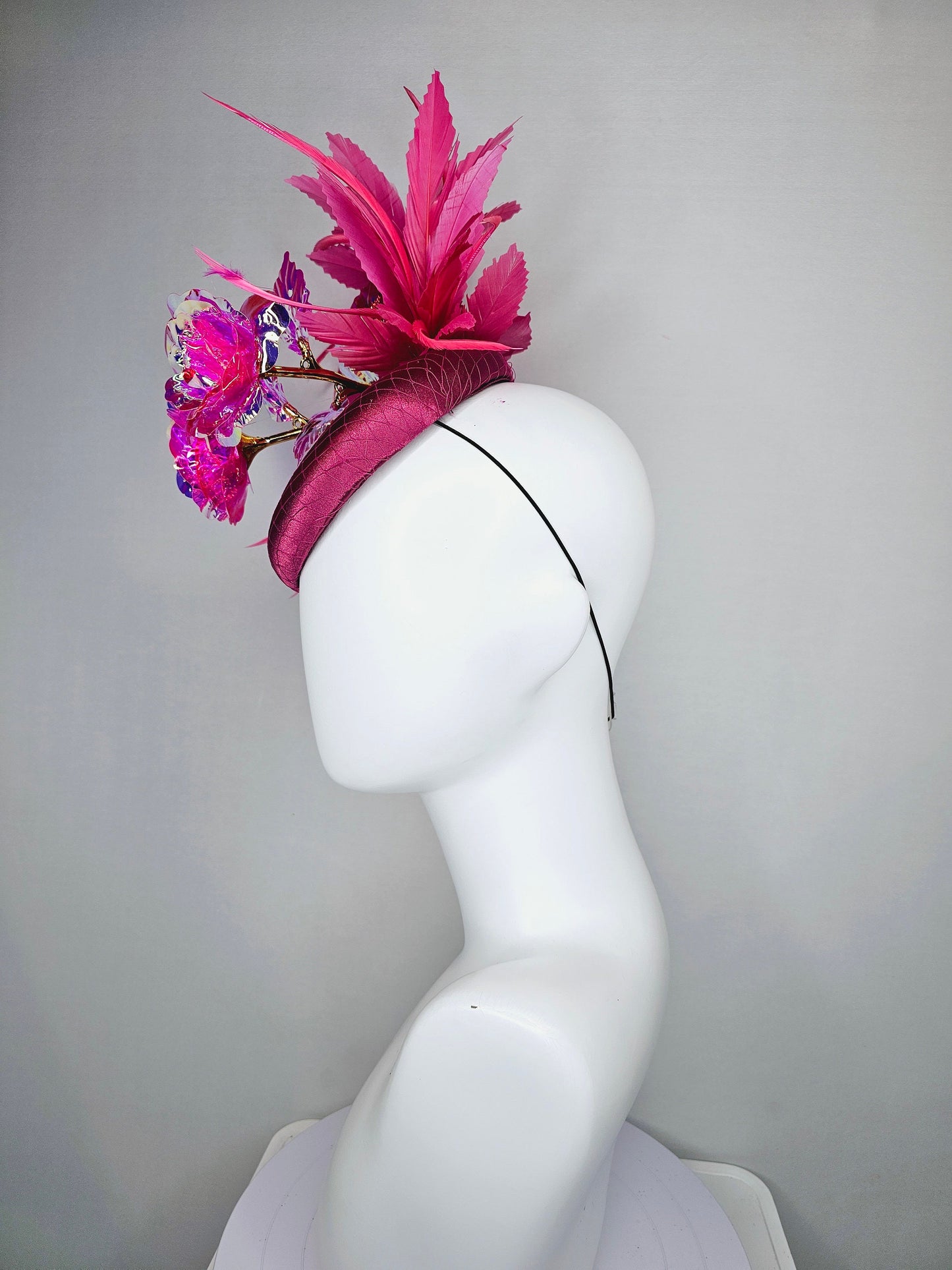 kentucky derby hat fascinator wine pink sinamay with gold stem pink iridescent flowers and pink feathers