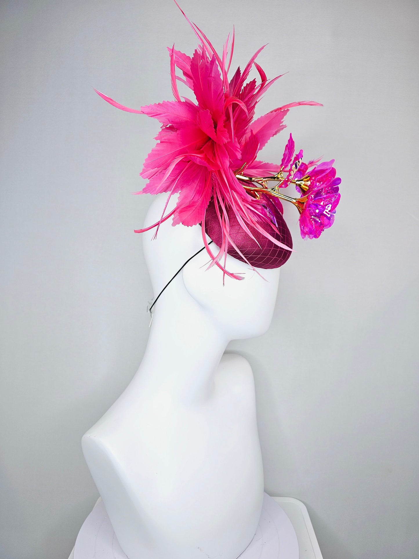 kentucky derby hat fascinator wine pink sinamay with gold stem pink iridescent flowers and pink feathers