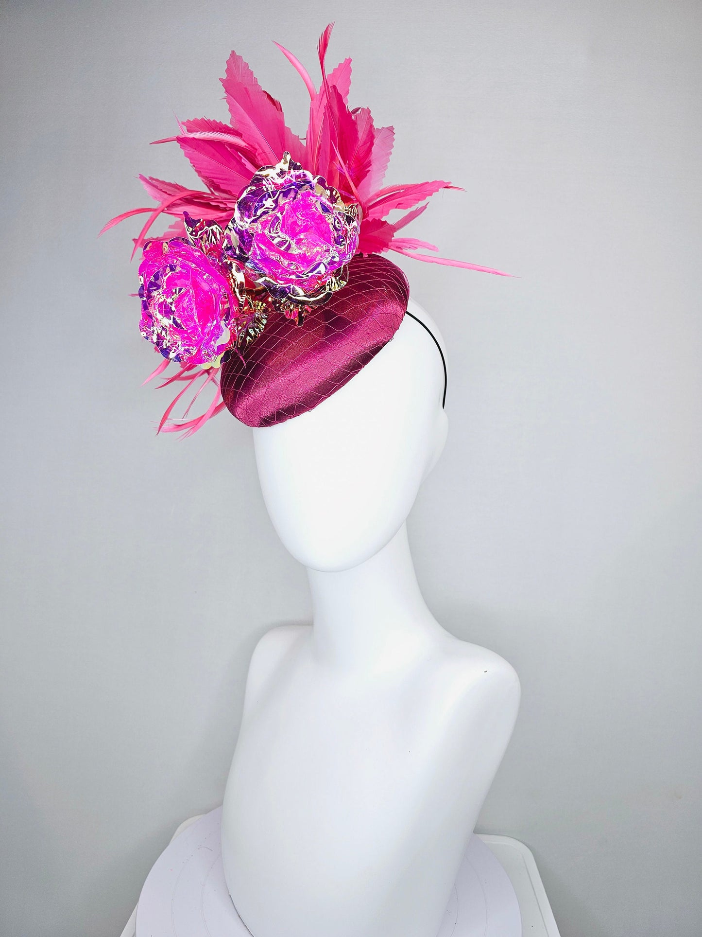 kentucky derby hat fascinator wine pink sinamay with gold stem pink iridescent flowers and pink feathers