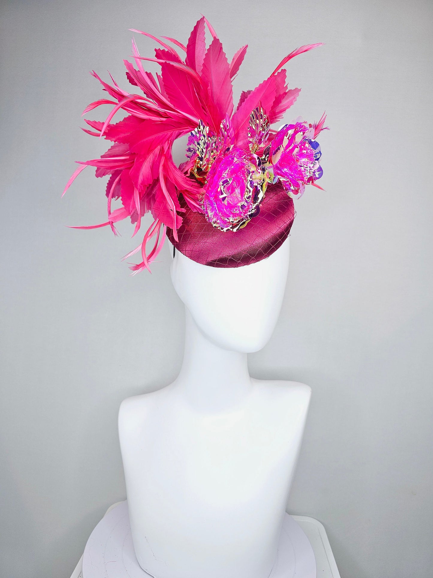 kentucky derby hat fascinator wine pink sinamay with gold stem pink iridescent flowers and pink feathers