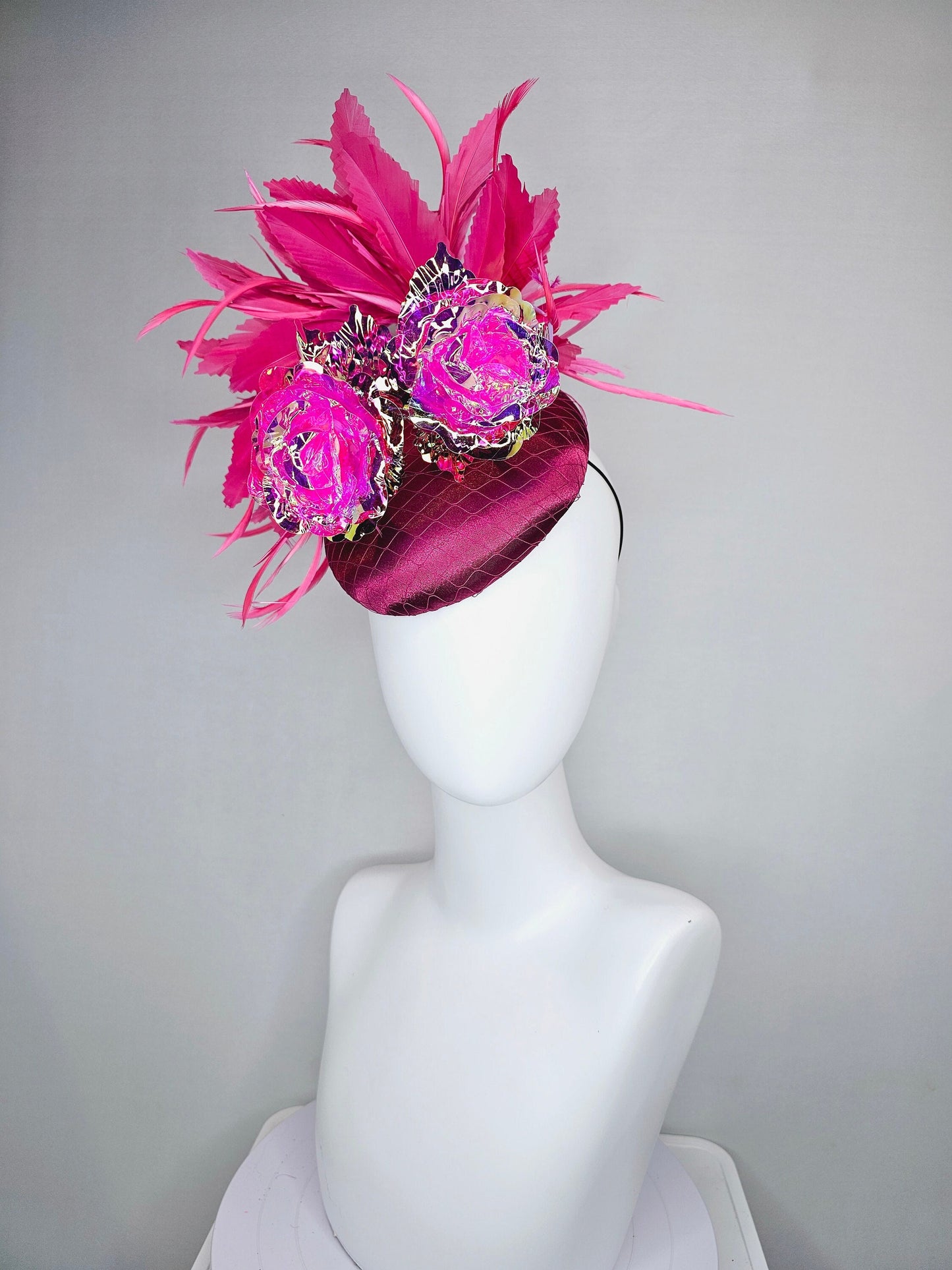 kentucky derby hat fascinator wine pink sinamay with gold stem pink iridescent flowers and pink feathers